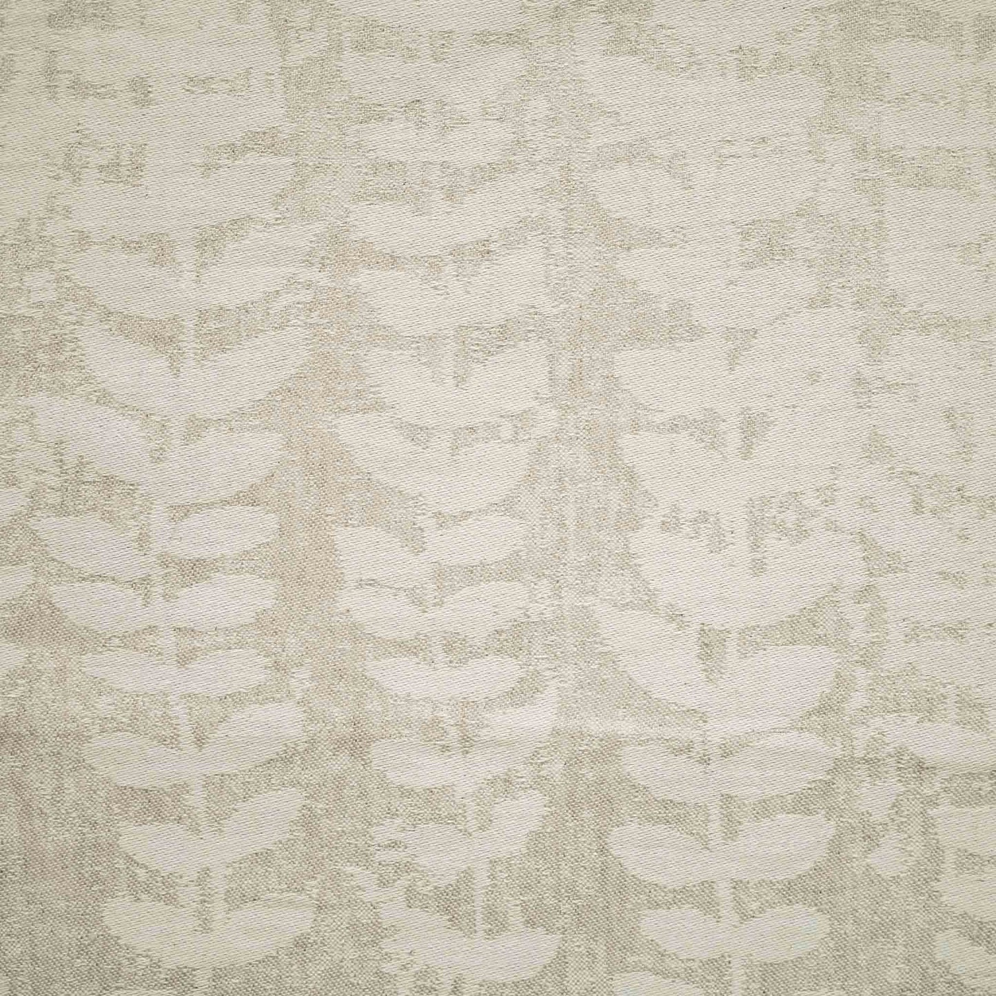Square beige cushion with a subtle, textured leaf pattern on a plain background.