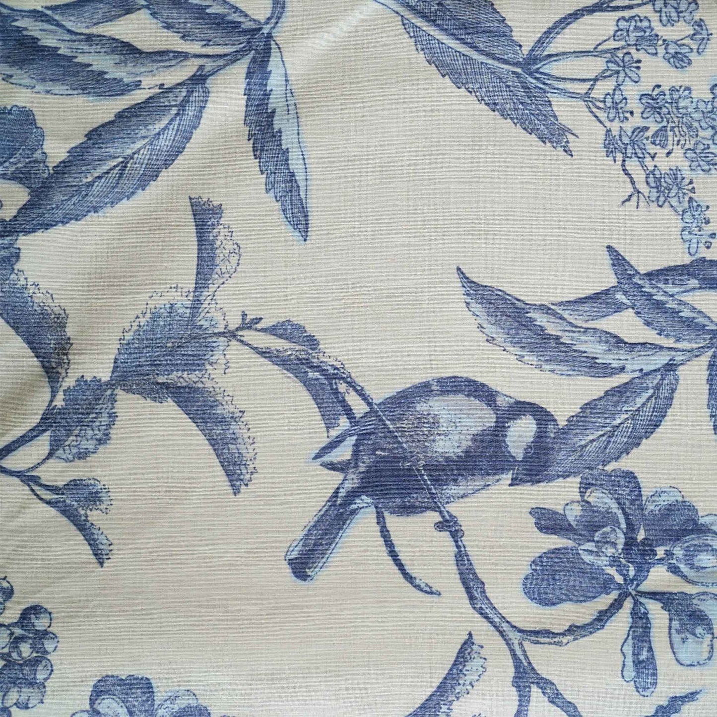 Blue printed floral bird beige base decorative lumbar pillow.