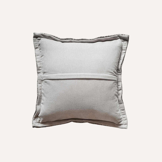 Elegant herringbone linen-cotton broadside cushion cover in a sophisticated off-white design with grey back.