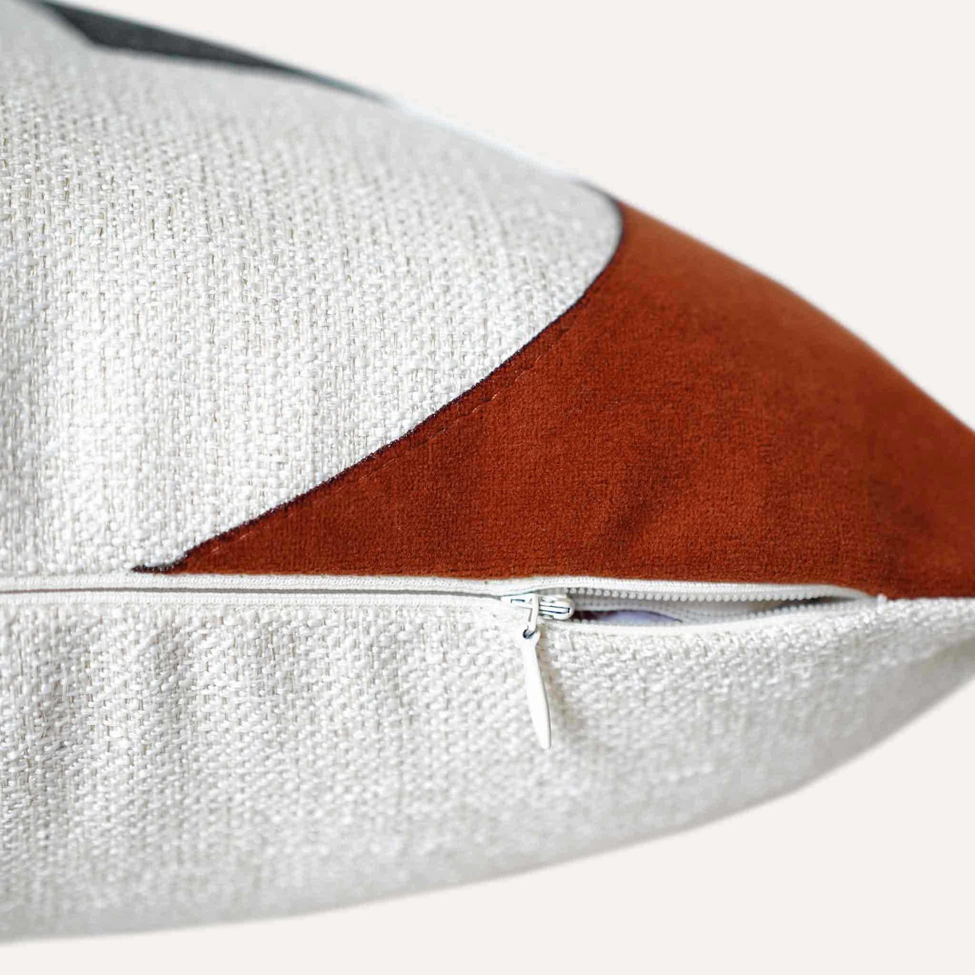 Asymmetry scarlet grey color blocks lumbar cushion cover with invisible zipper.