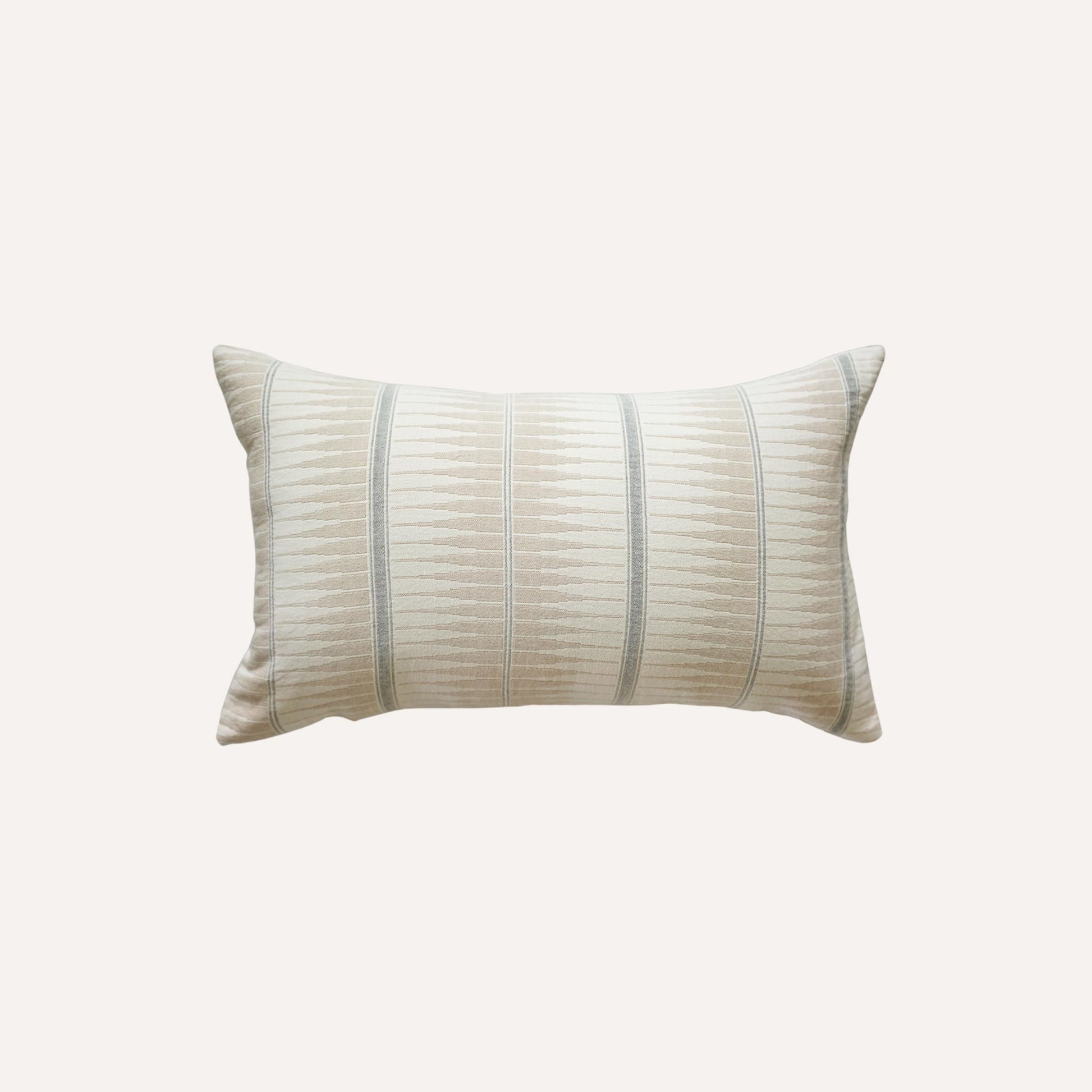 Grey and beige striped lumbar cushion have a subtle striped pattern.
