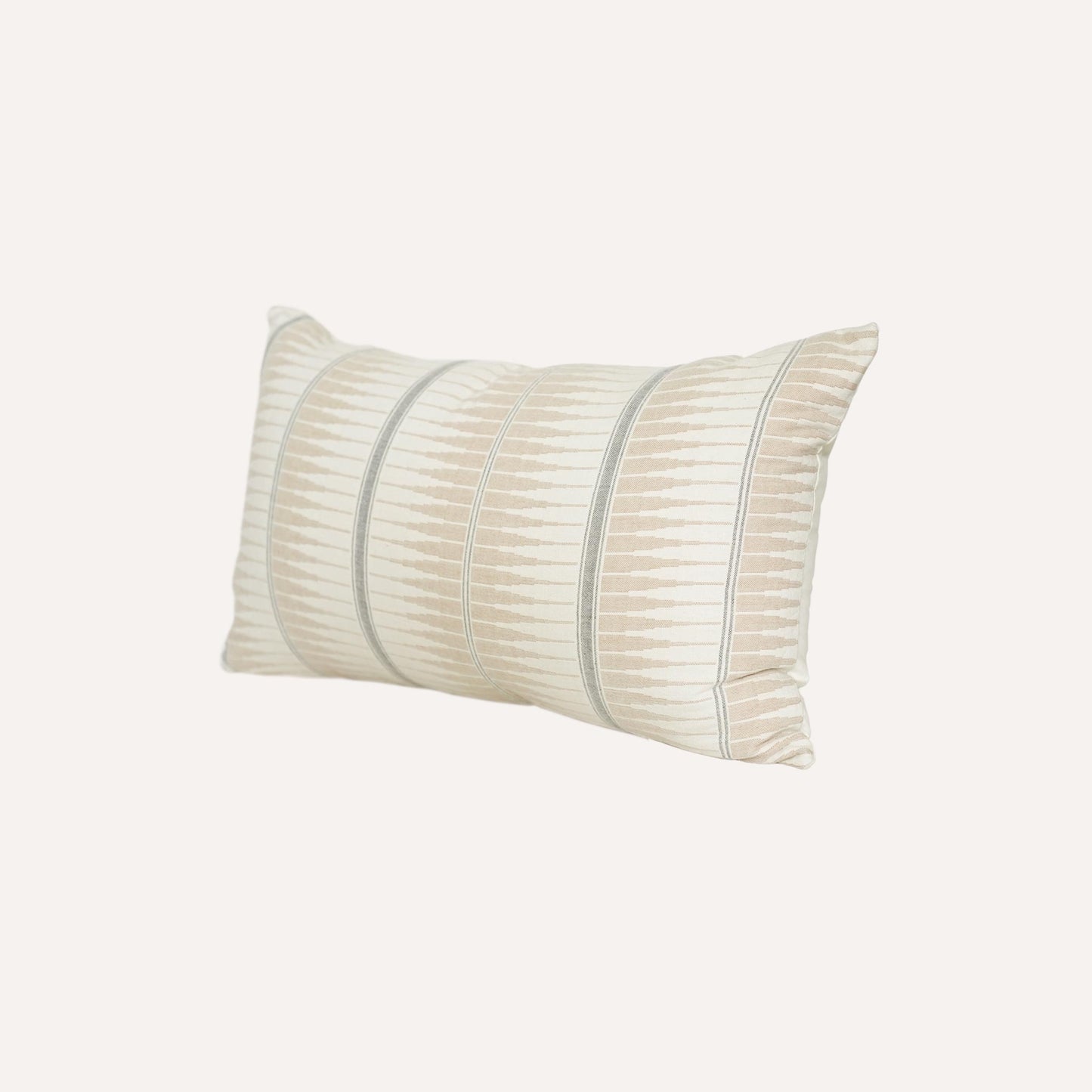 Grey and beige striped lumbar cushion have a subtle striped pattern.