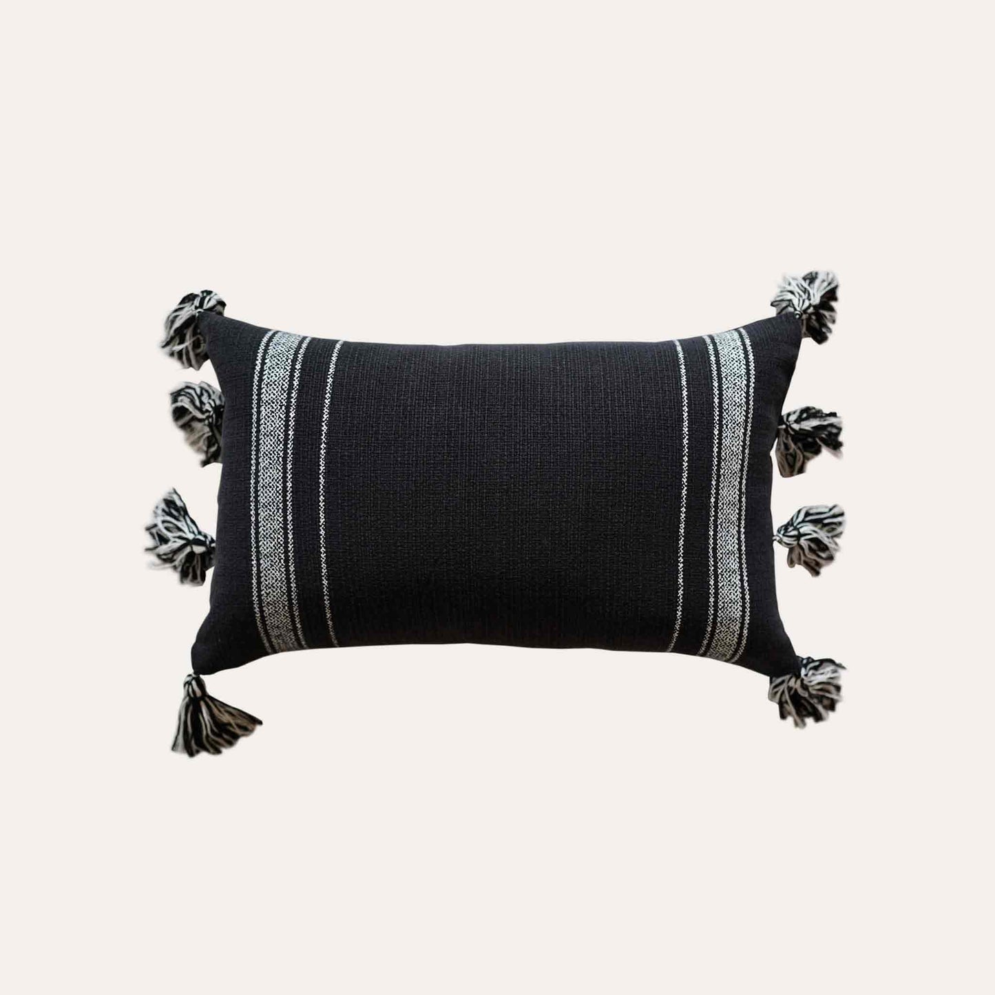 Bohemian white stripes printed on black cotton tassels lumbar cushion cover.