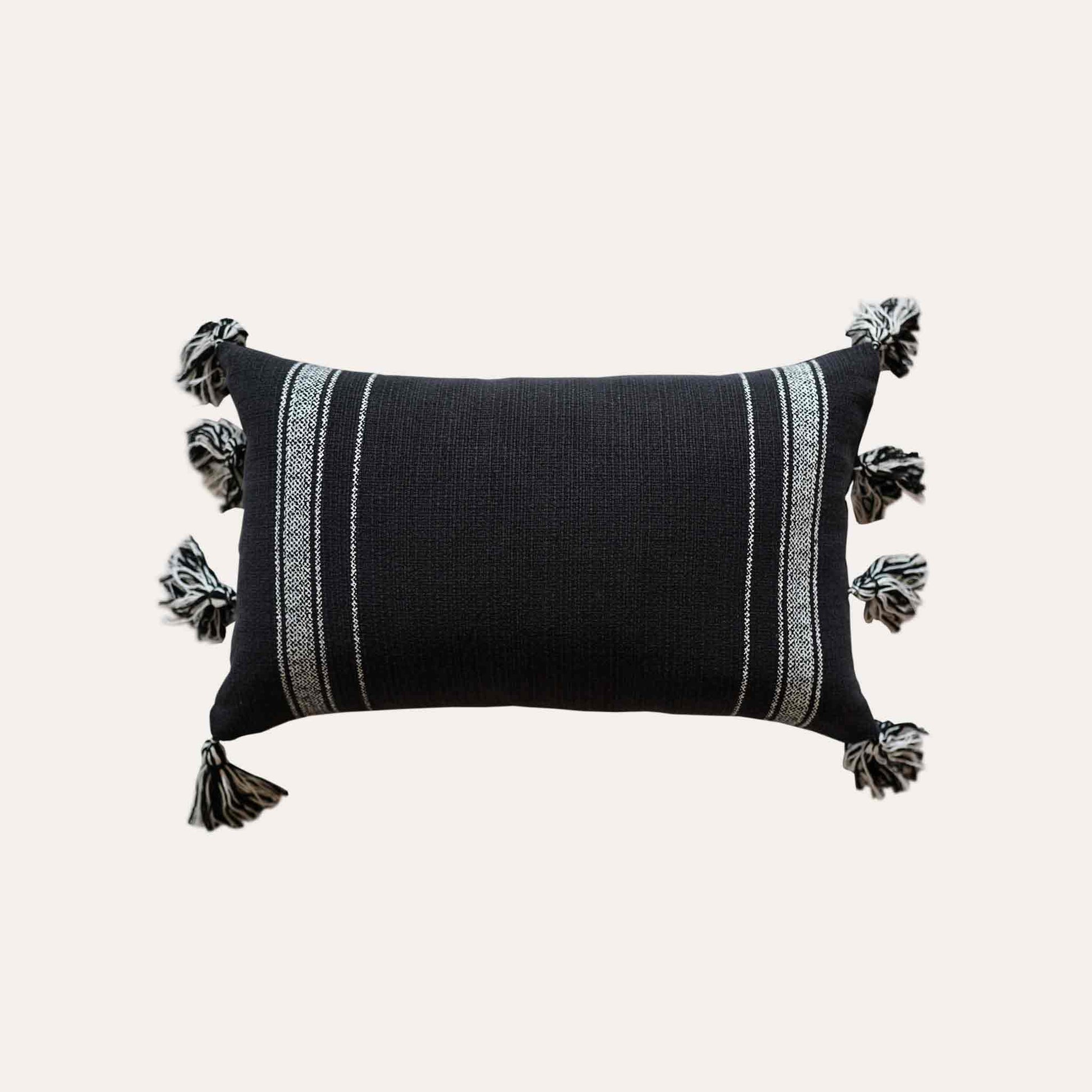 Bohemian white stripes printed on black cotton tassels lumbar cushion cover.