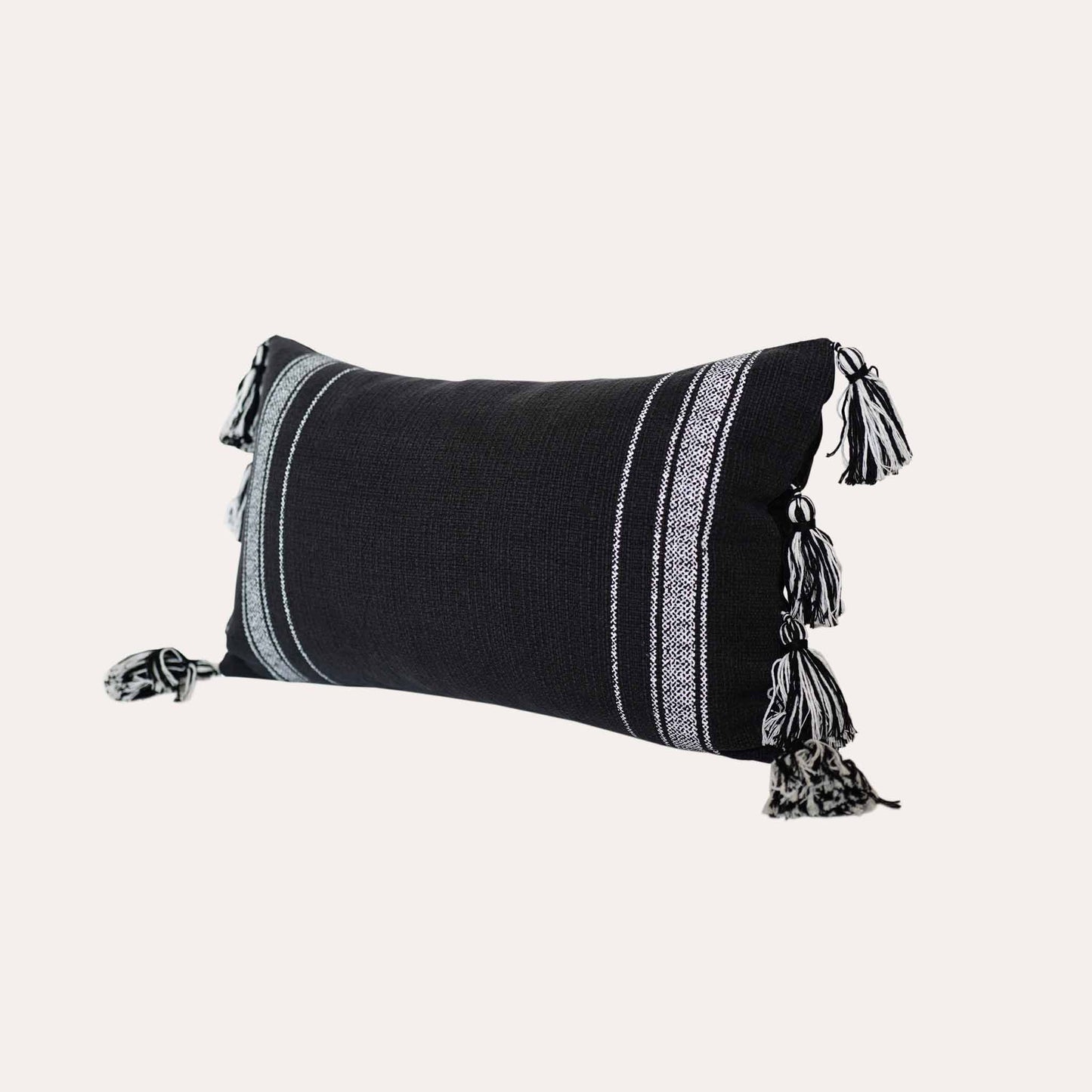 Bohemian white stripes printed on black cotton tassels lumbar cushion cover.