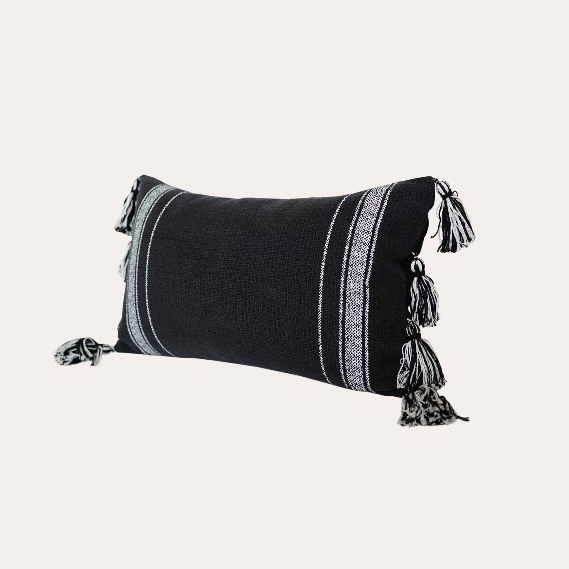Bohemian white stripes printed on black cotton tassels lumbar cushion cover.