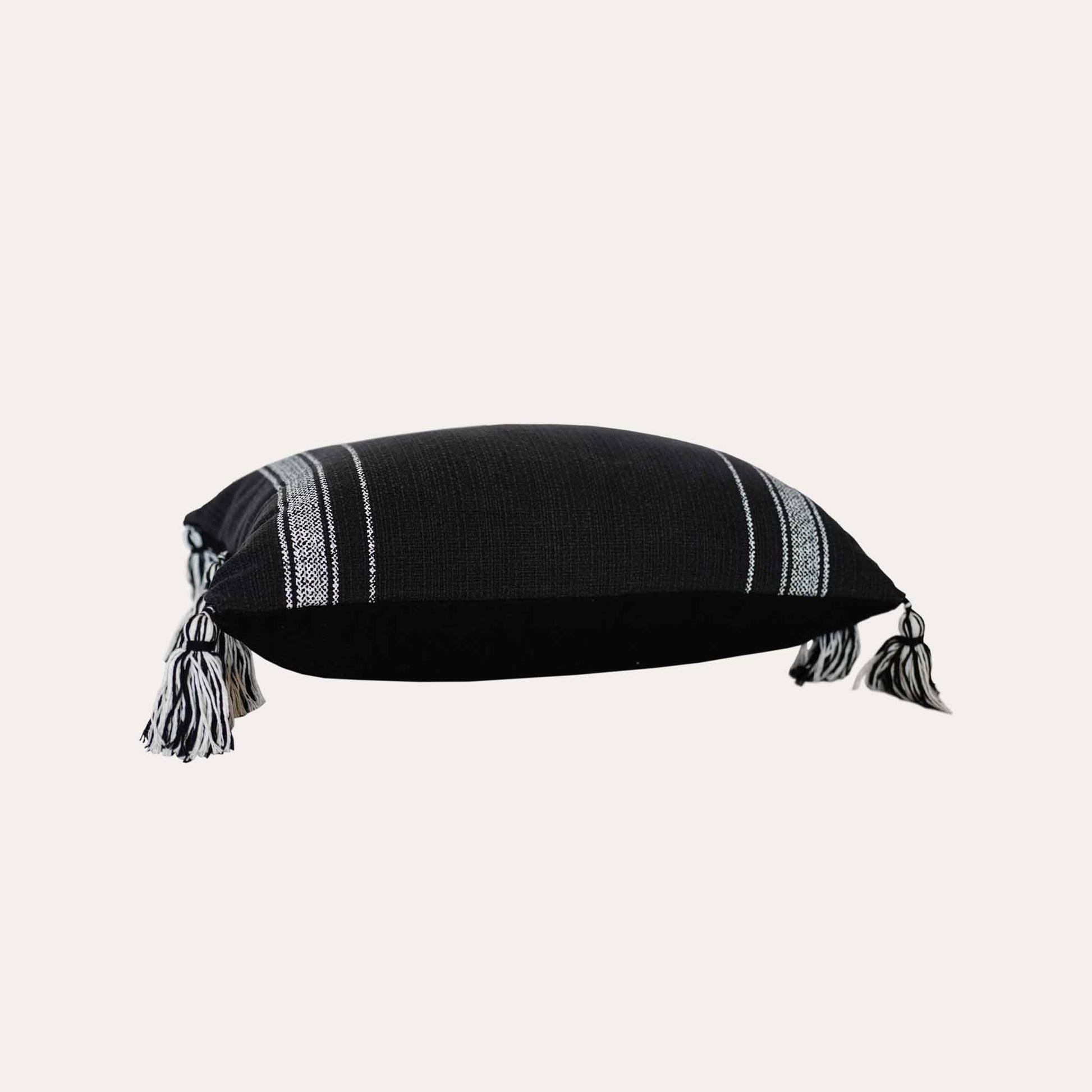 Bohemian white stripes printed on black cotton tassels lumbar cushion cover.