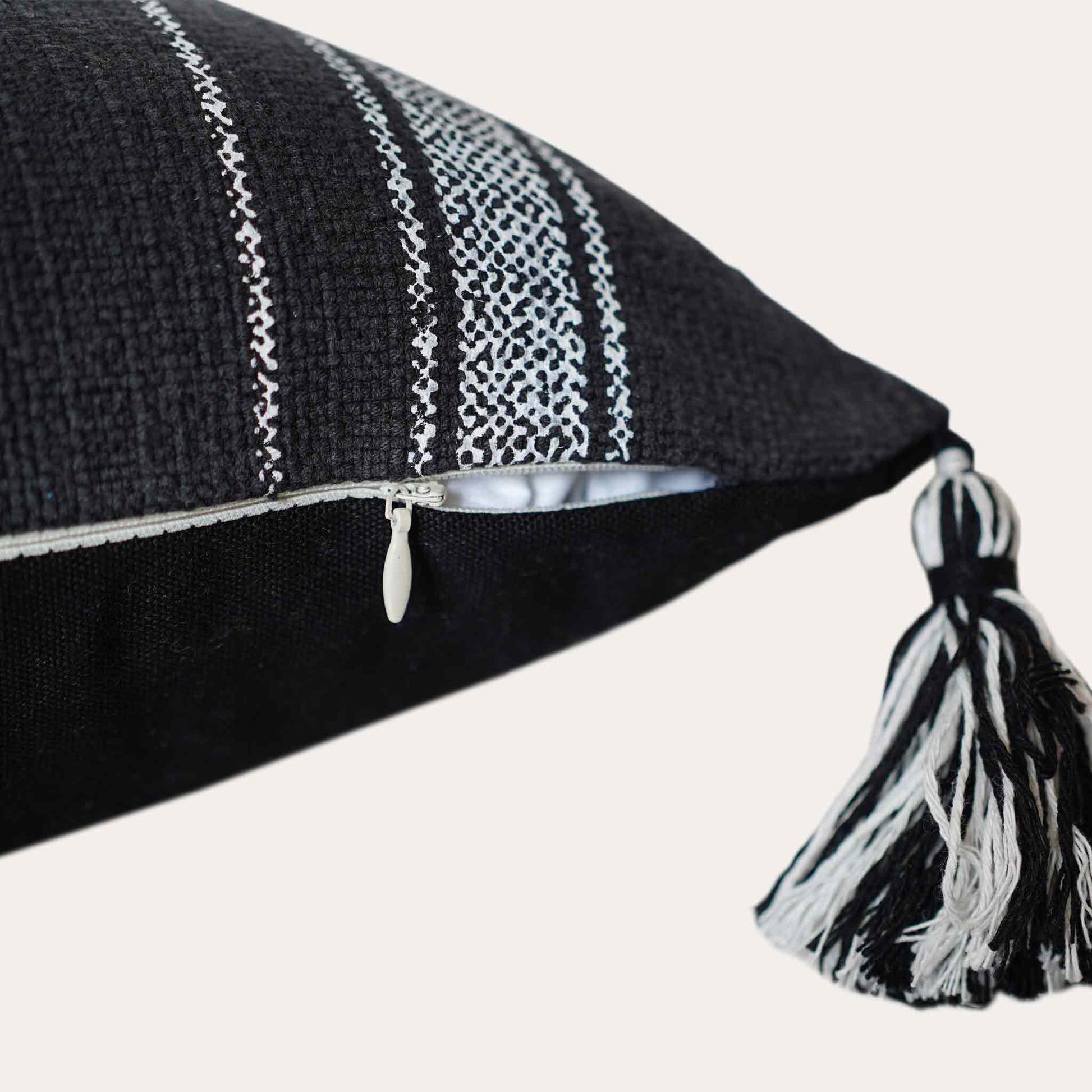Bohemian white stripes printed on black cotton tassels lumbar cushion cover with invisible zipper.