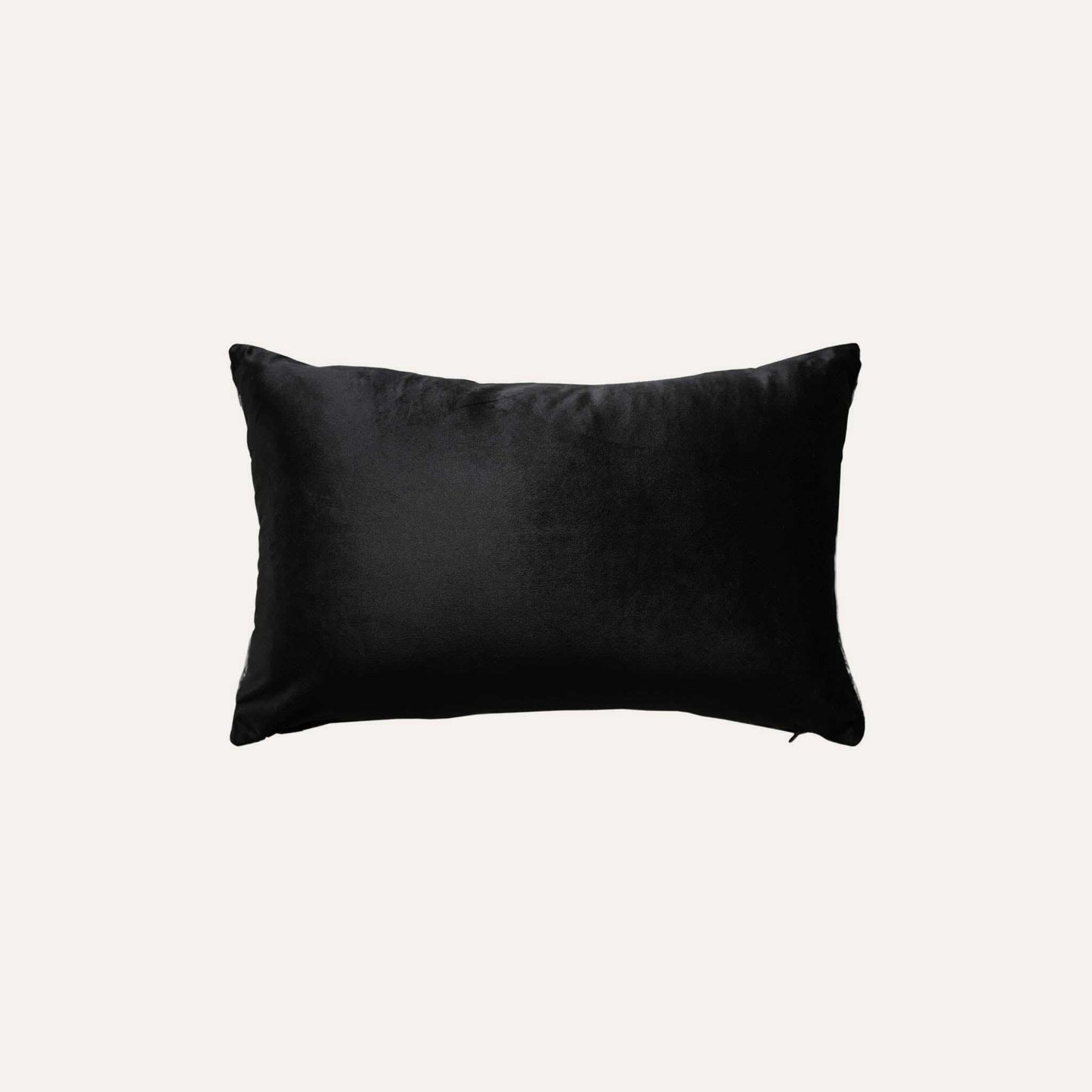 Black and white striped woolen decorative cushion cover with black back.