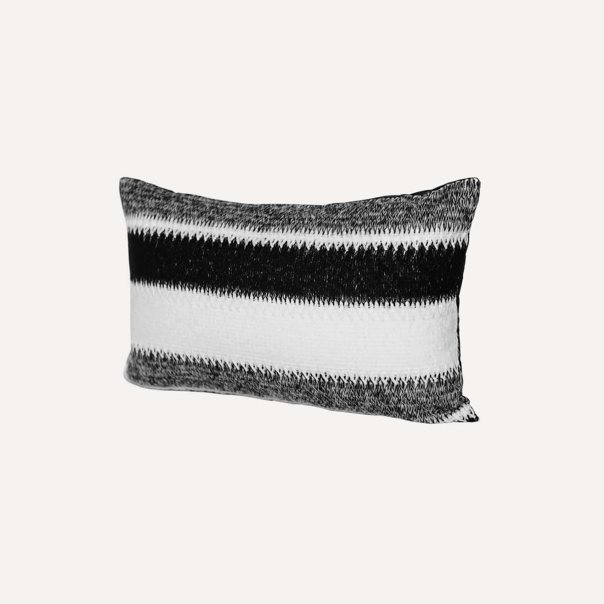 Black and white striped woolen decorative cushion cover.