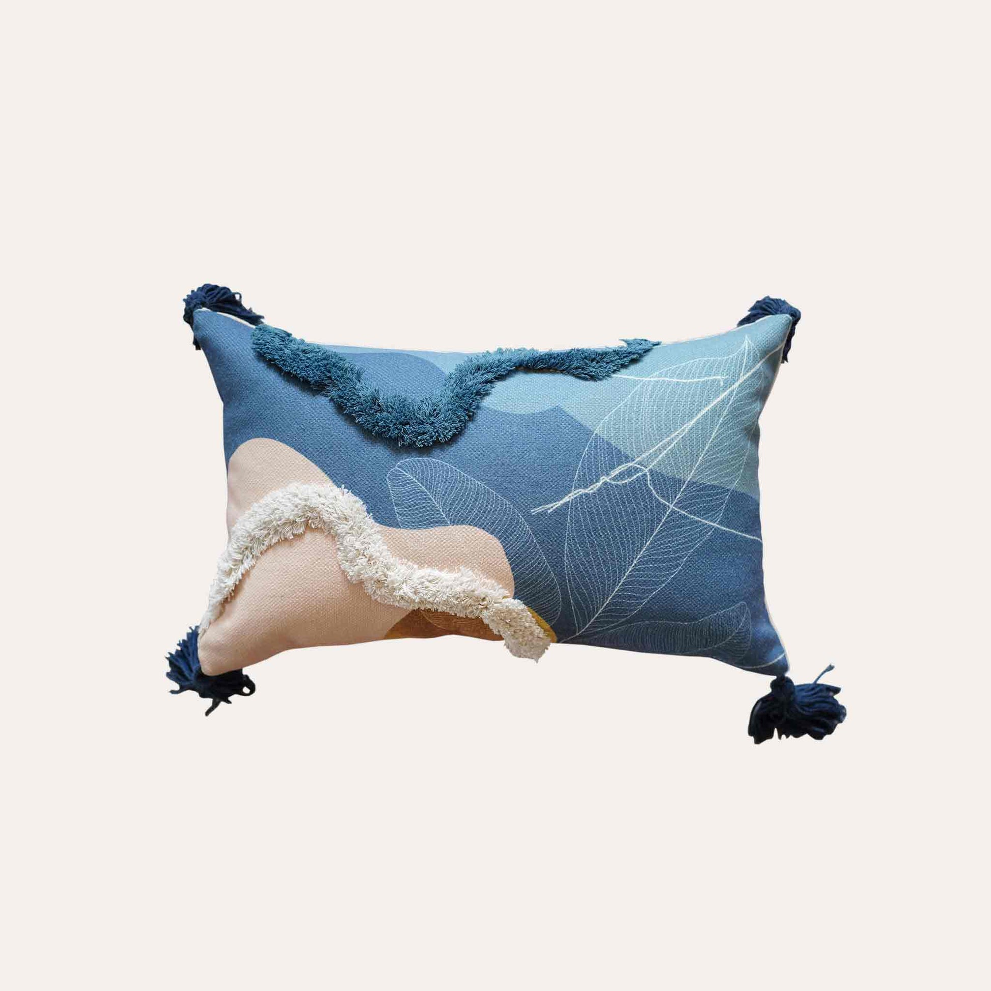 Blue beige tufted printed leaf pattern tassels lumbar cushion cover.
