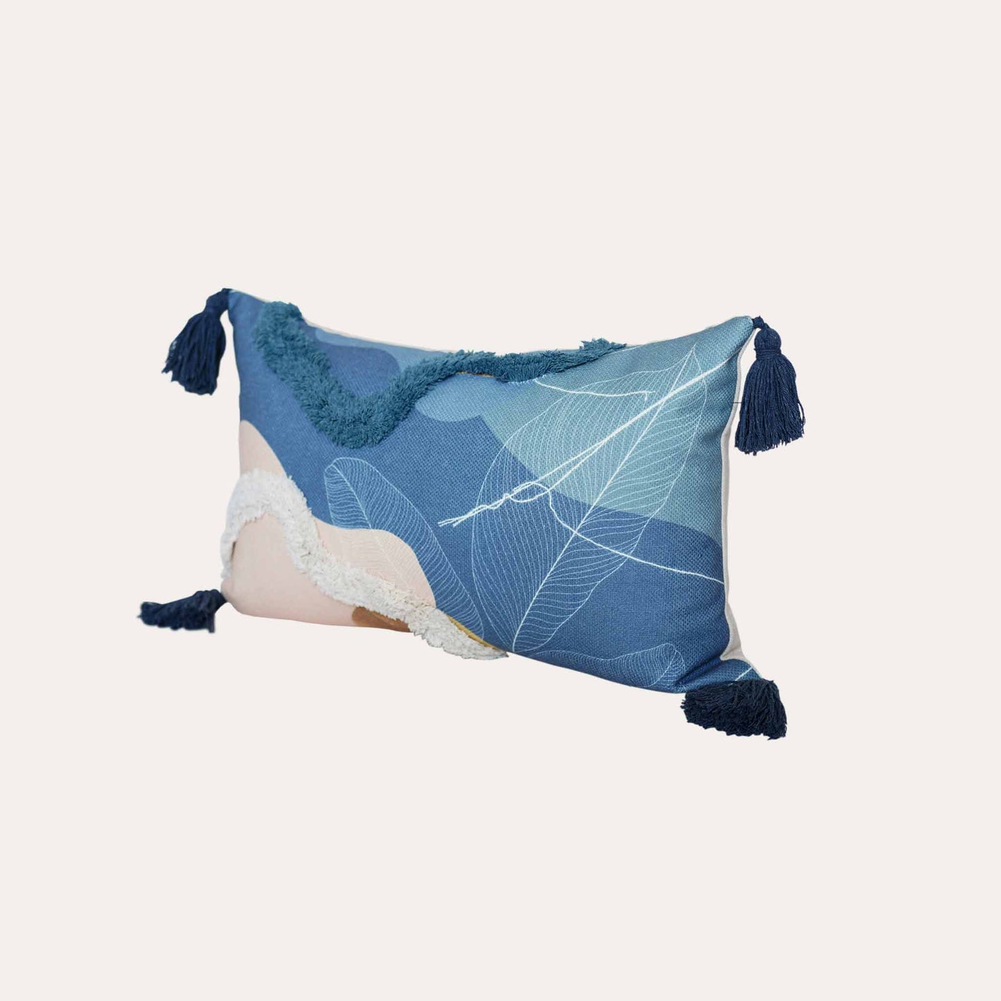 Blue beige tufted printed leaf pattern tassels lumbar cushion cover.