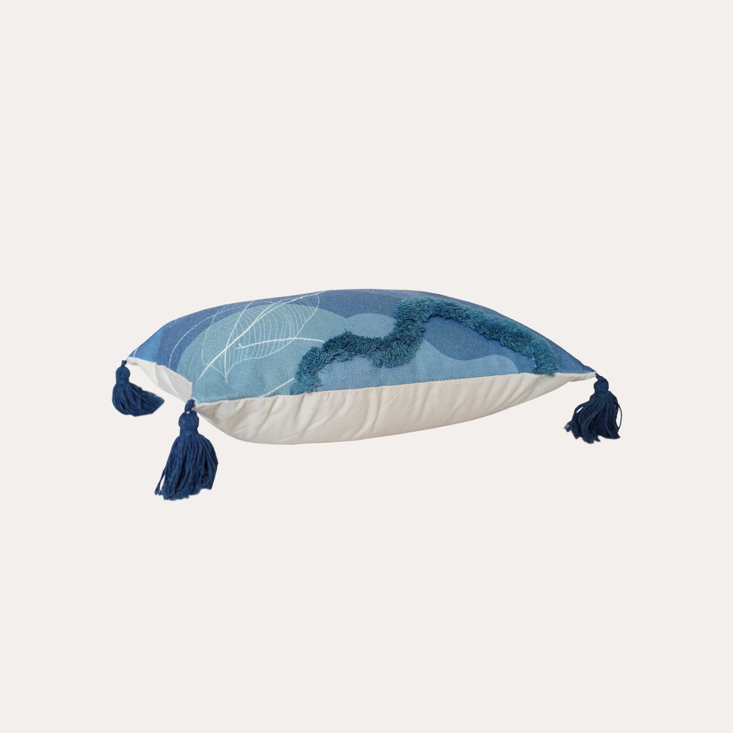 Blue beige tufted printed leaf pattern tassels lumbar cushion cover.