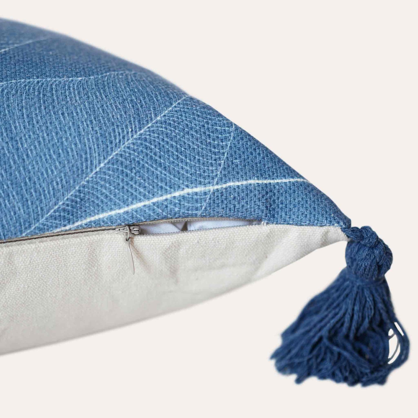 Blue beige tufted printed leaf pattern tassels lumbar cushion cover with invisible zipper.
