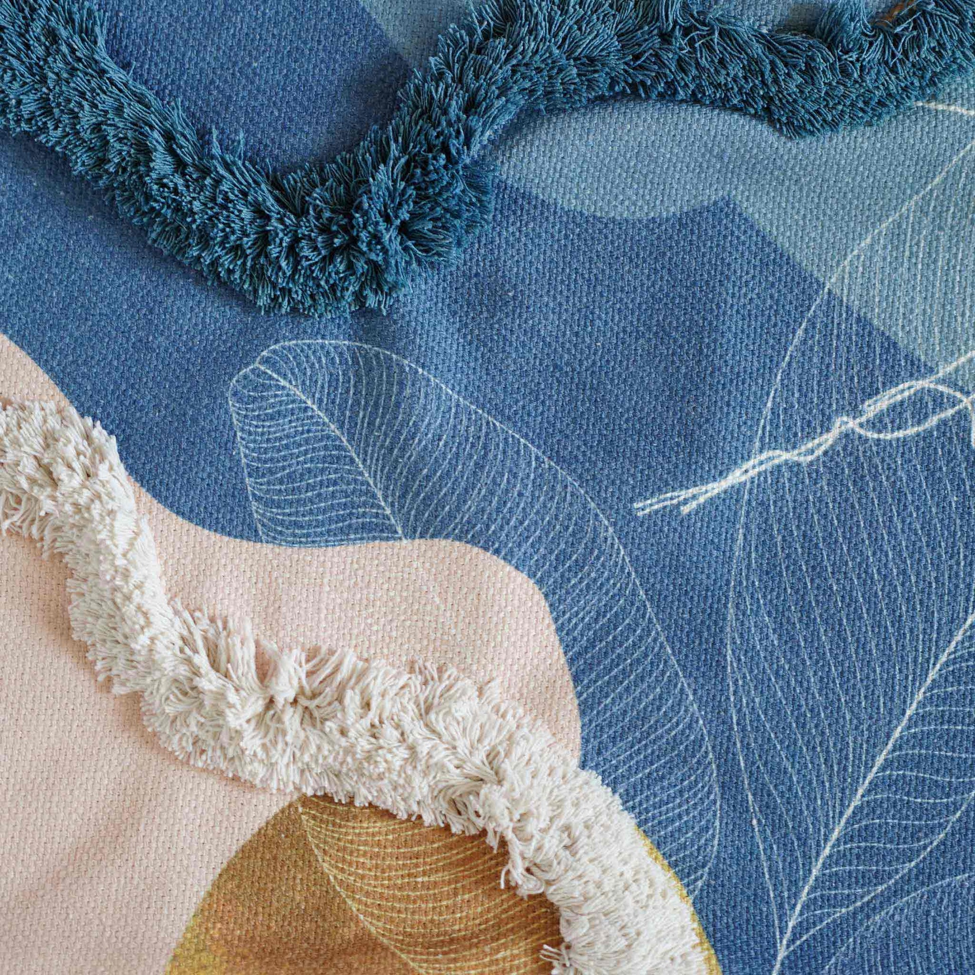 Blue beige tufted printed leaf pattern tassels lumbar cushion cover.