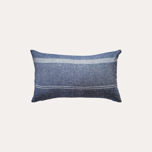 White stripe blue background lumbar cushion.