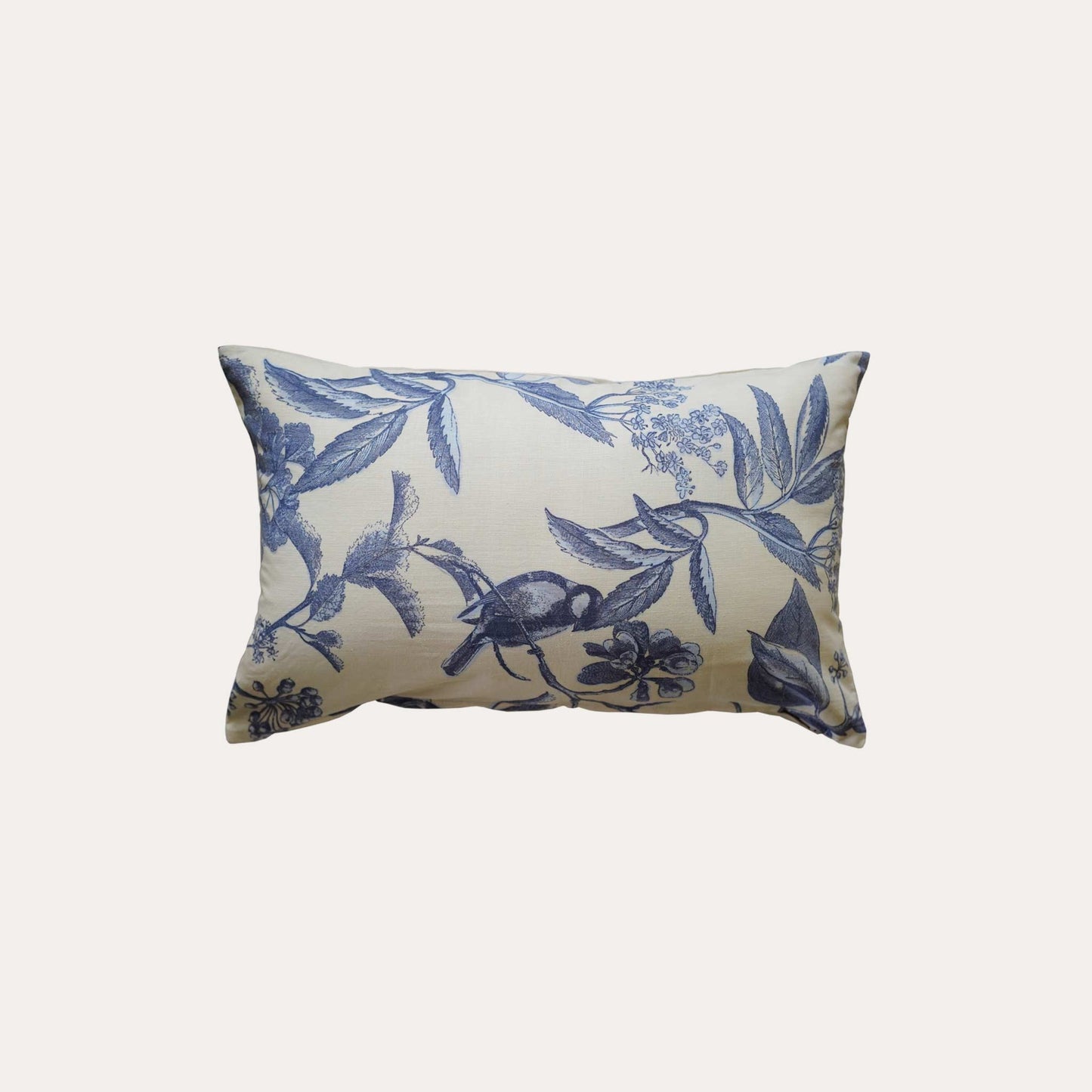 Blue printed floral bird beige base decorative lumbar pillow.