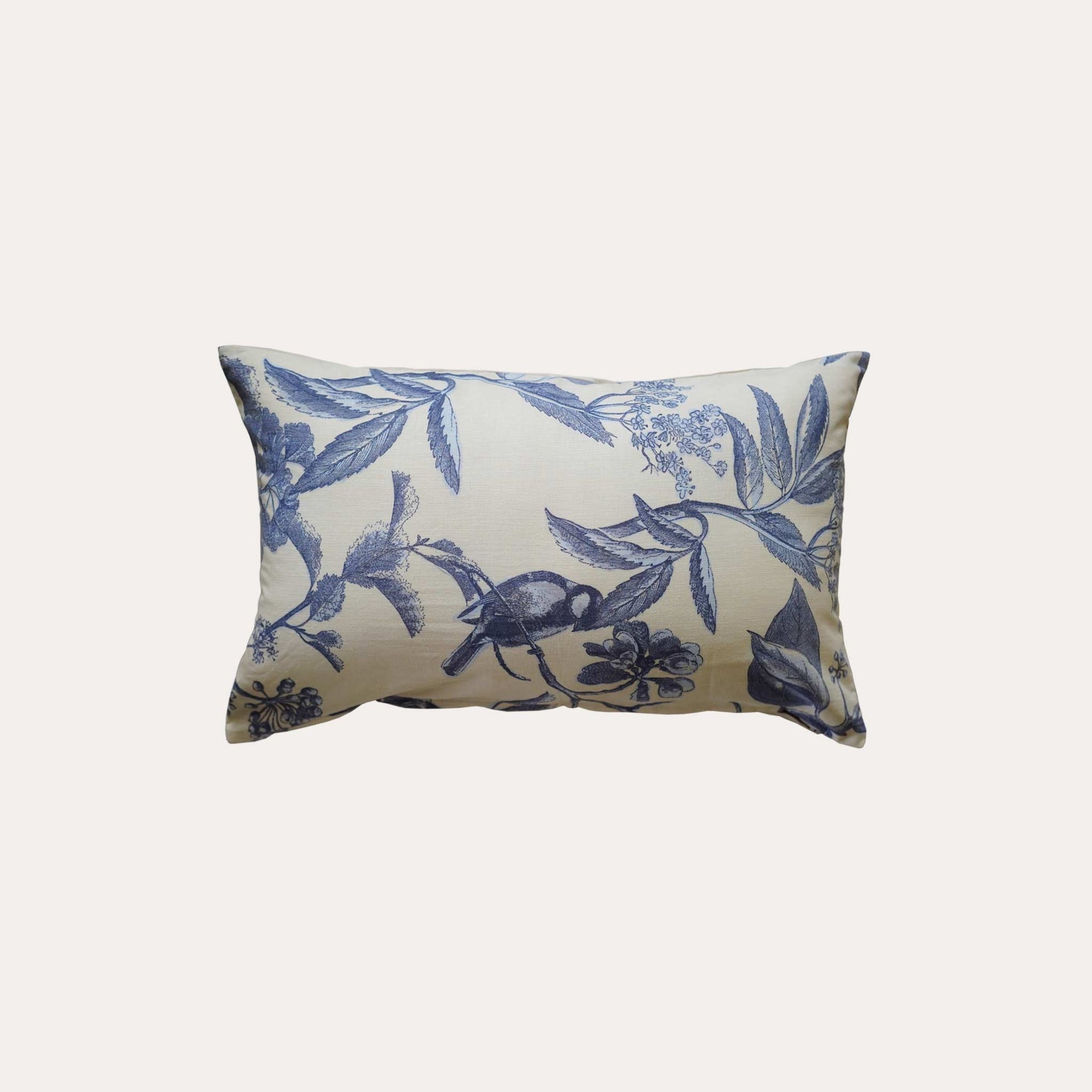 Blue printed floral bird beige base decorative lumbar pillow.