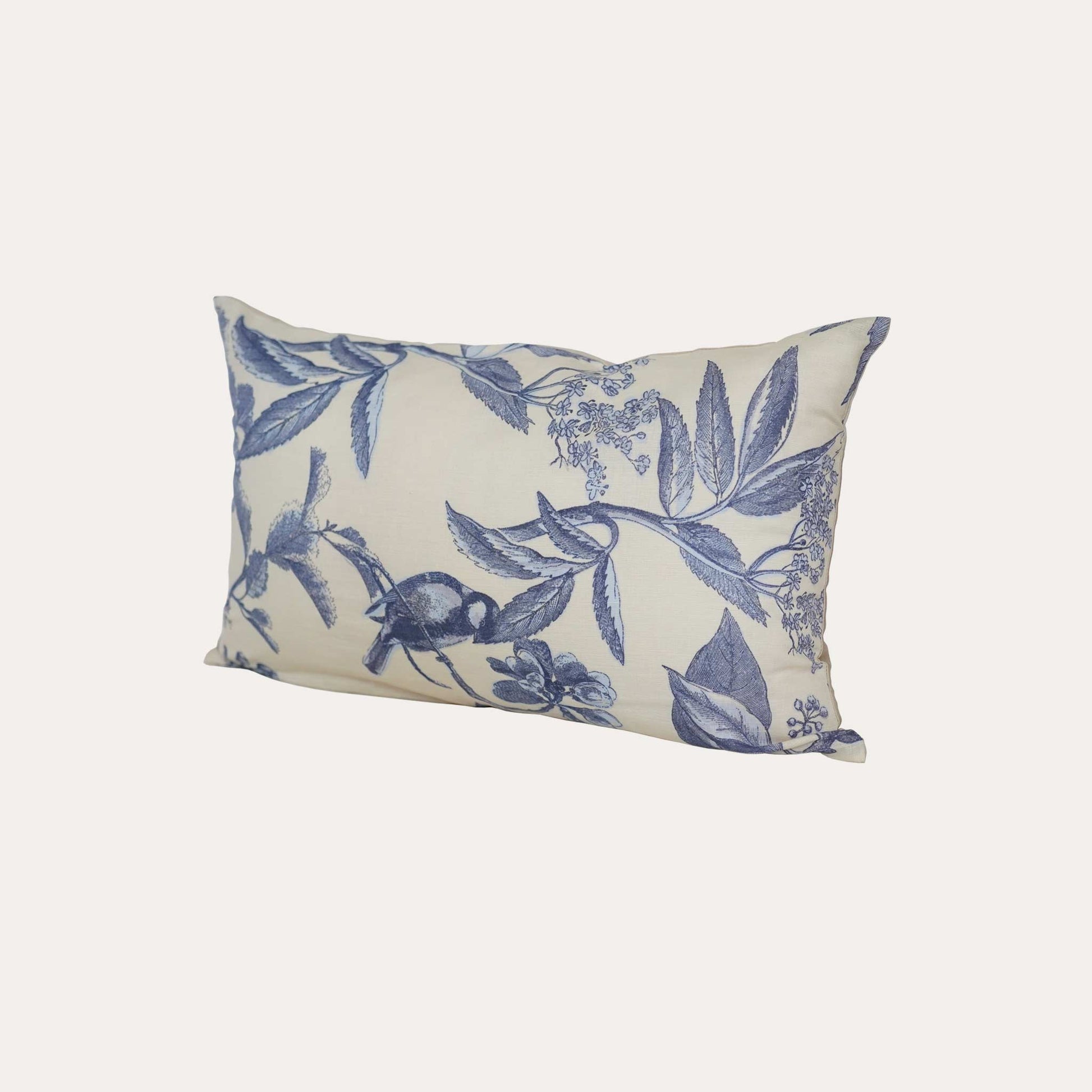 Blue printed floral bird beige base decorative lumbar pillow.