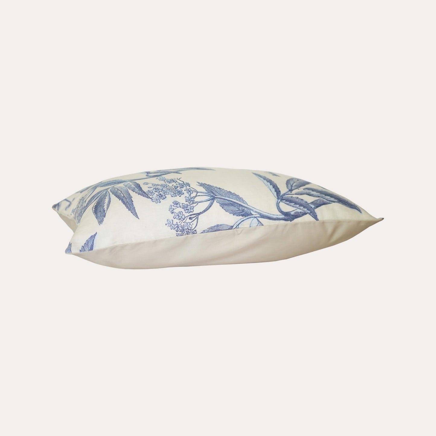 Blue printed floral bird beige base decorative lumbar pillow.