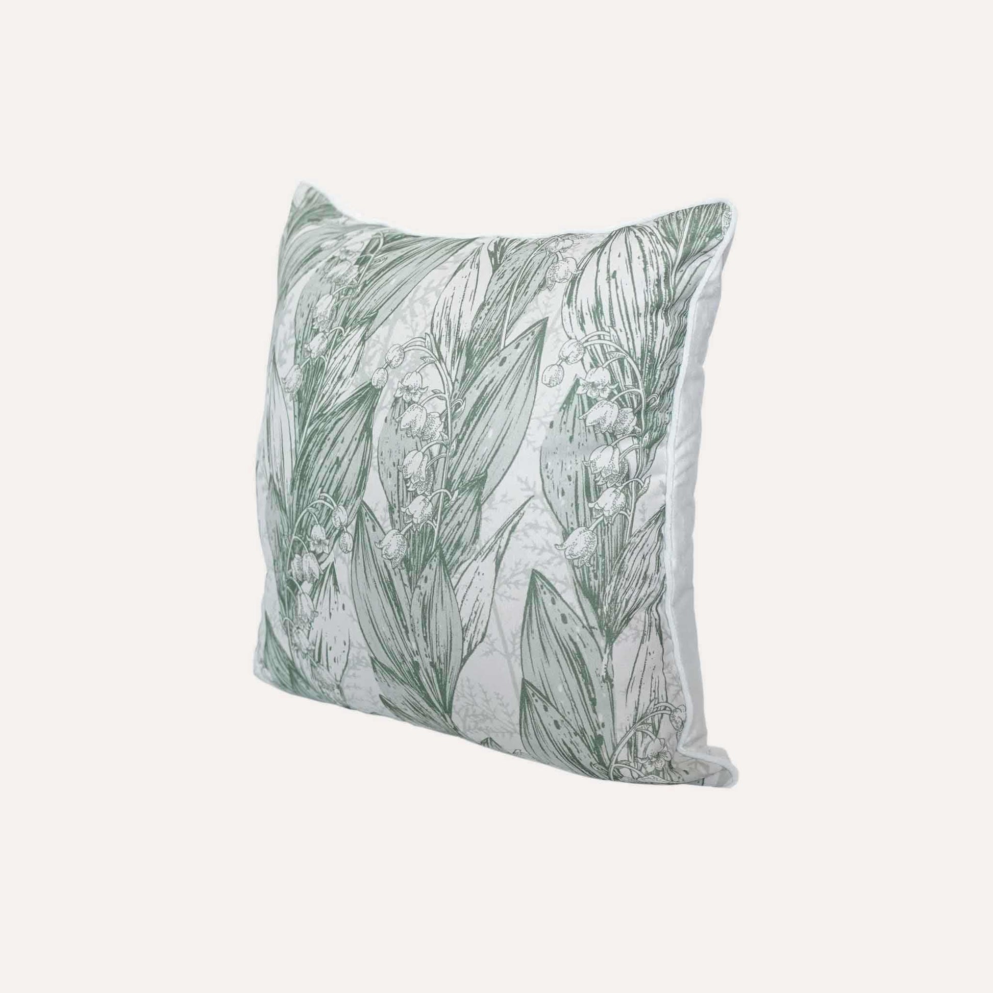 Green lily of the valley botanical floral print cushion cover.