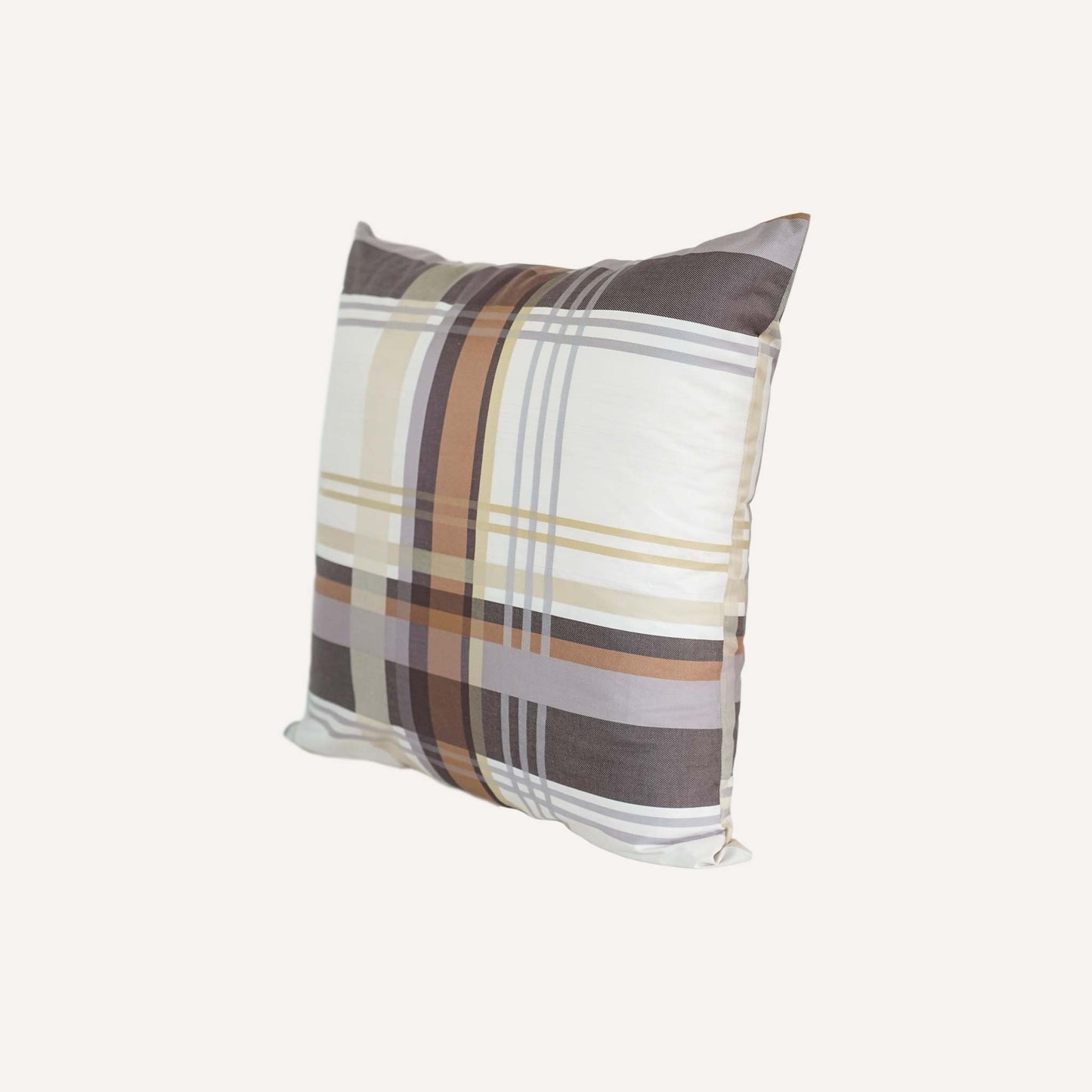 Cushion featuring a classic plaid pattern in shades of brown, grey, and white.
