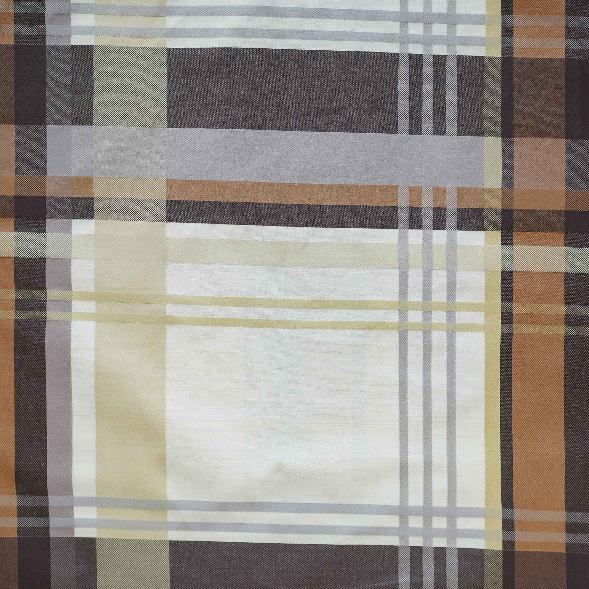 Cushion featuring a classic plaid pattern in shades of brown, grey, and white.