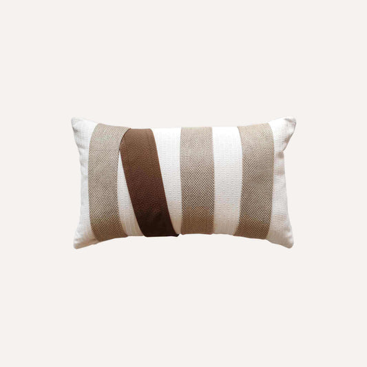 Brown and beige striped decorative lumbar cushion cover.