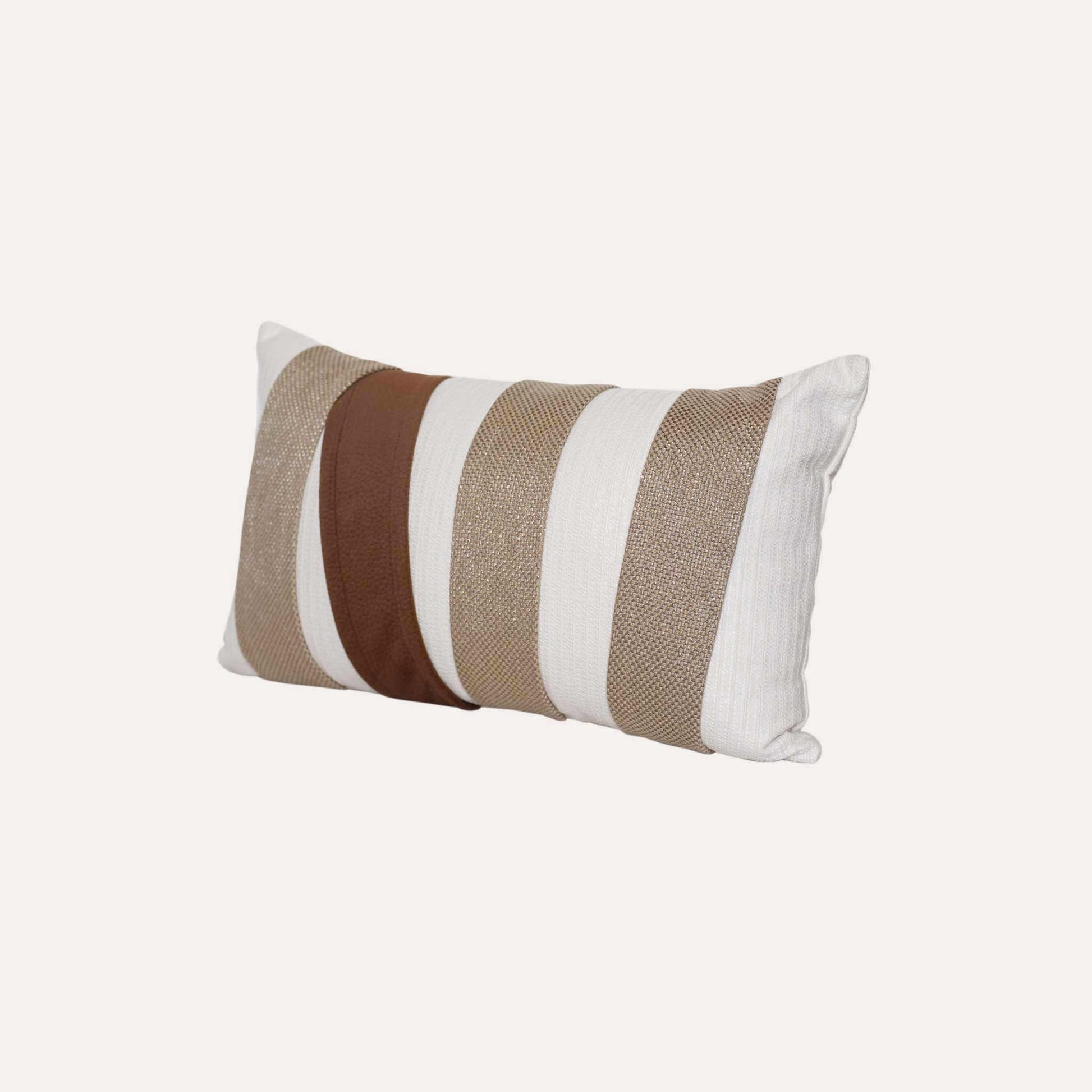 Brown and beige striped decorative lumbar cushion cover.
