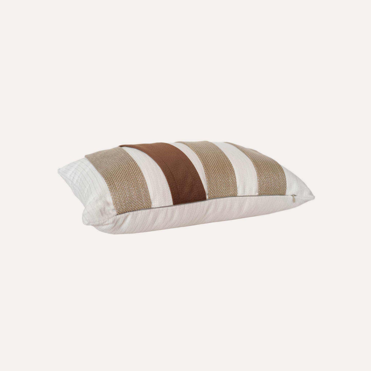 Brown and beige striped decorative lumbar cushion cover.