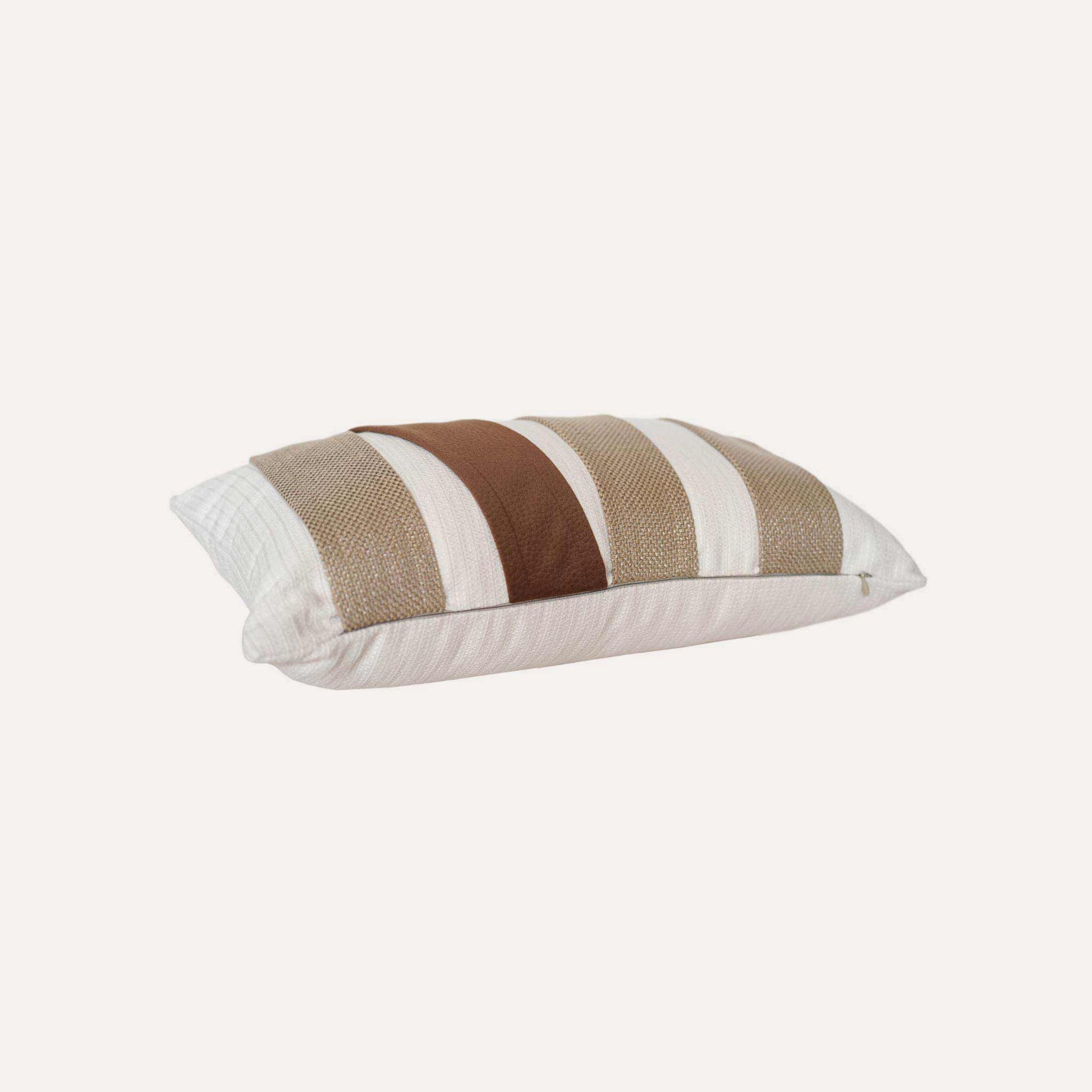 Brown and beige striped decorative lumbar cushion cover.