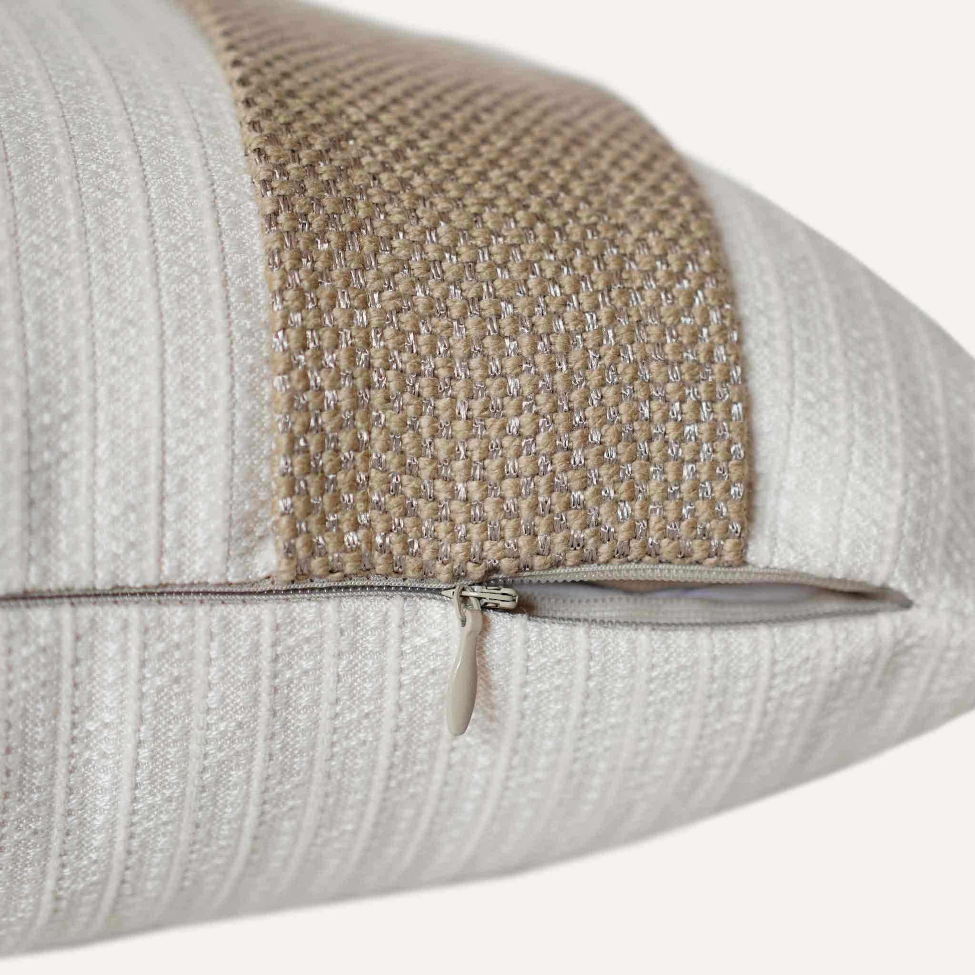 Brown and beige striped decorative lumbar cushion cover with invisible zipper.