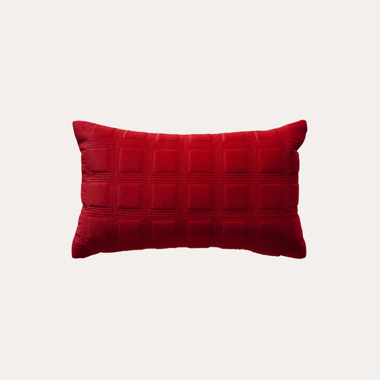 Burgundy red checkered pattern velvet lumbar cushion cover.