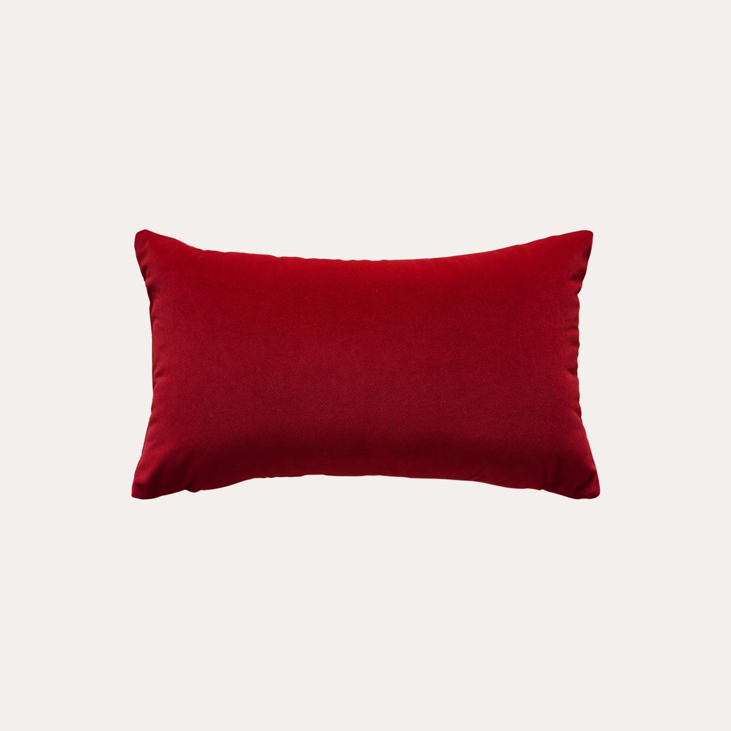 Burgundy red checkered pattern velvet lumbar cushion cover with solid red back.