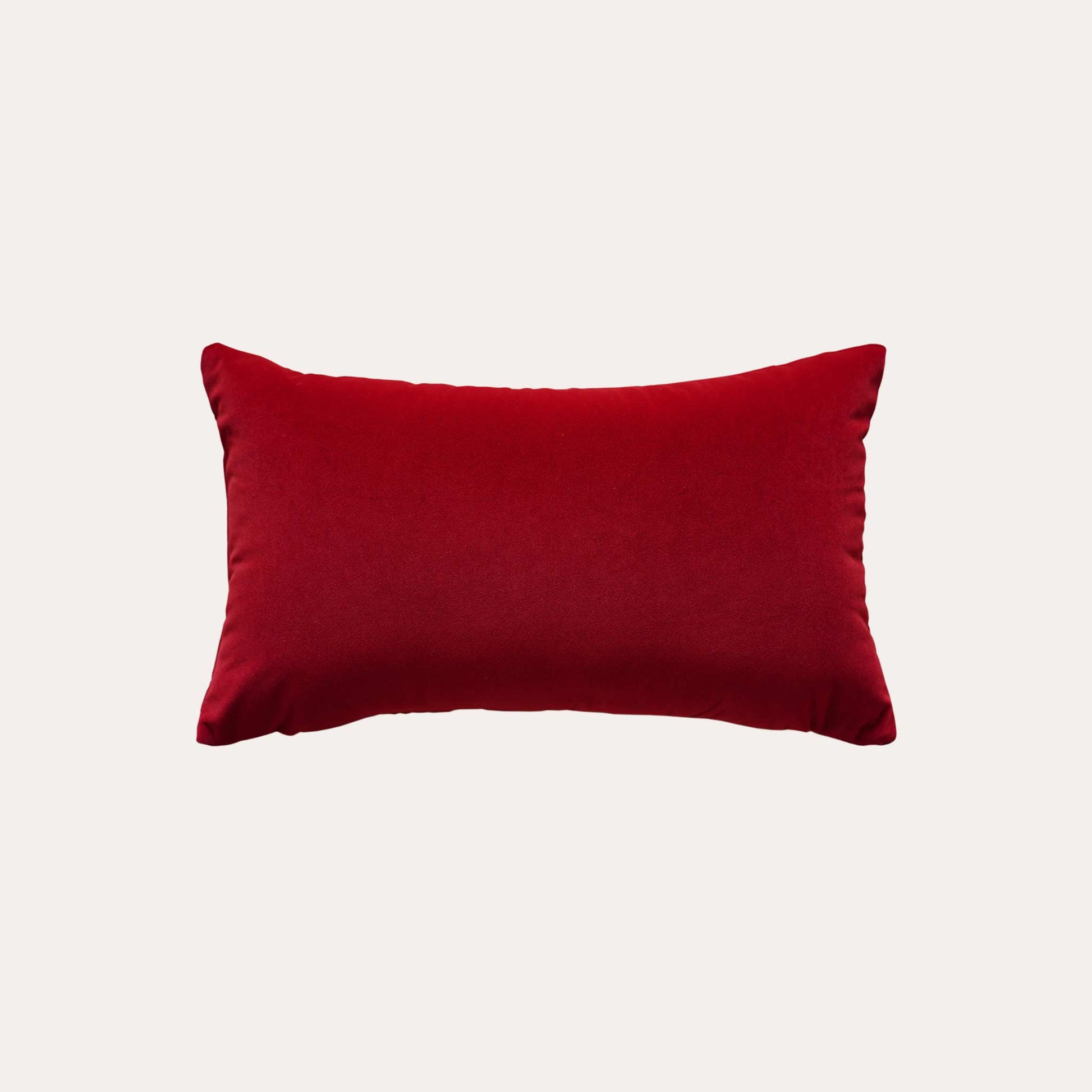 Burgundy red checkered pattern velvet lumbar cushion cover with solid red back.