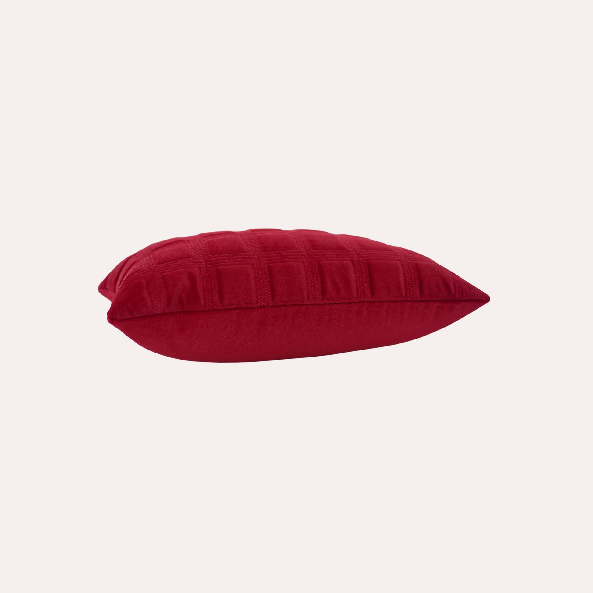 Burgundy red checkered pattern velvet lumbar cushion cover.