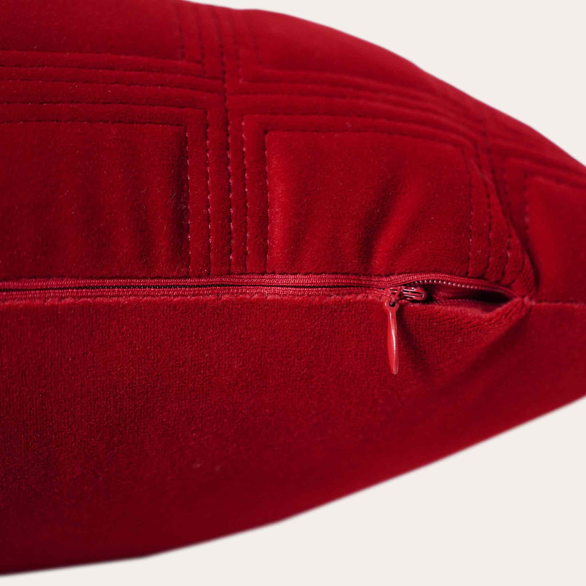 Burgundy red checkered pattern velvet lumbar cushion cover with invisible zipper.