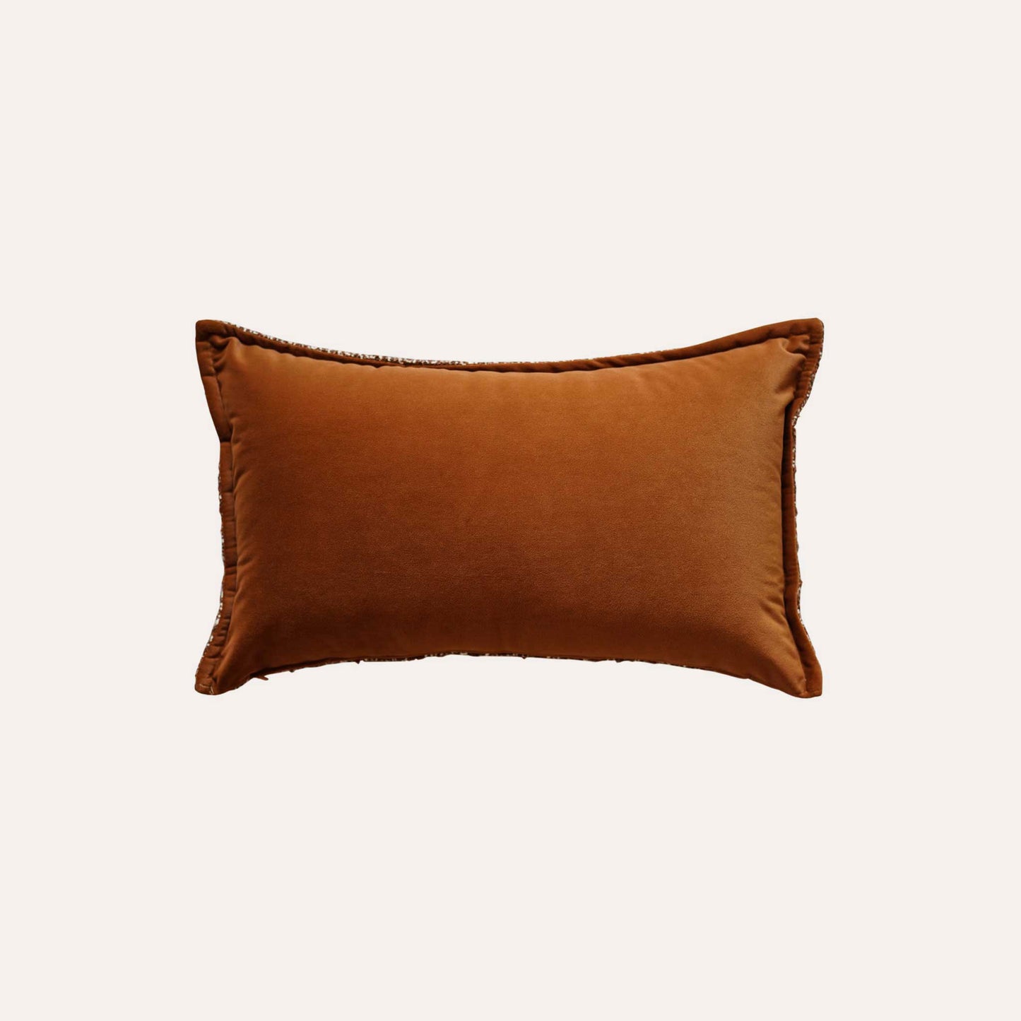 Caramel and white mixed weave linen cotton lumbar cushion cover with brown back.