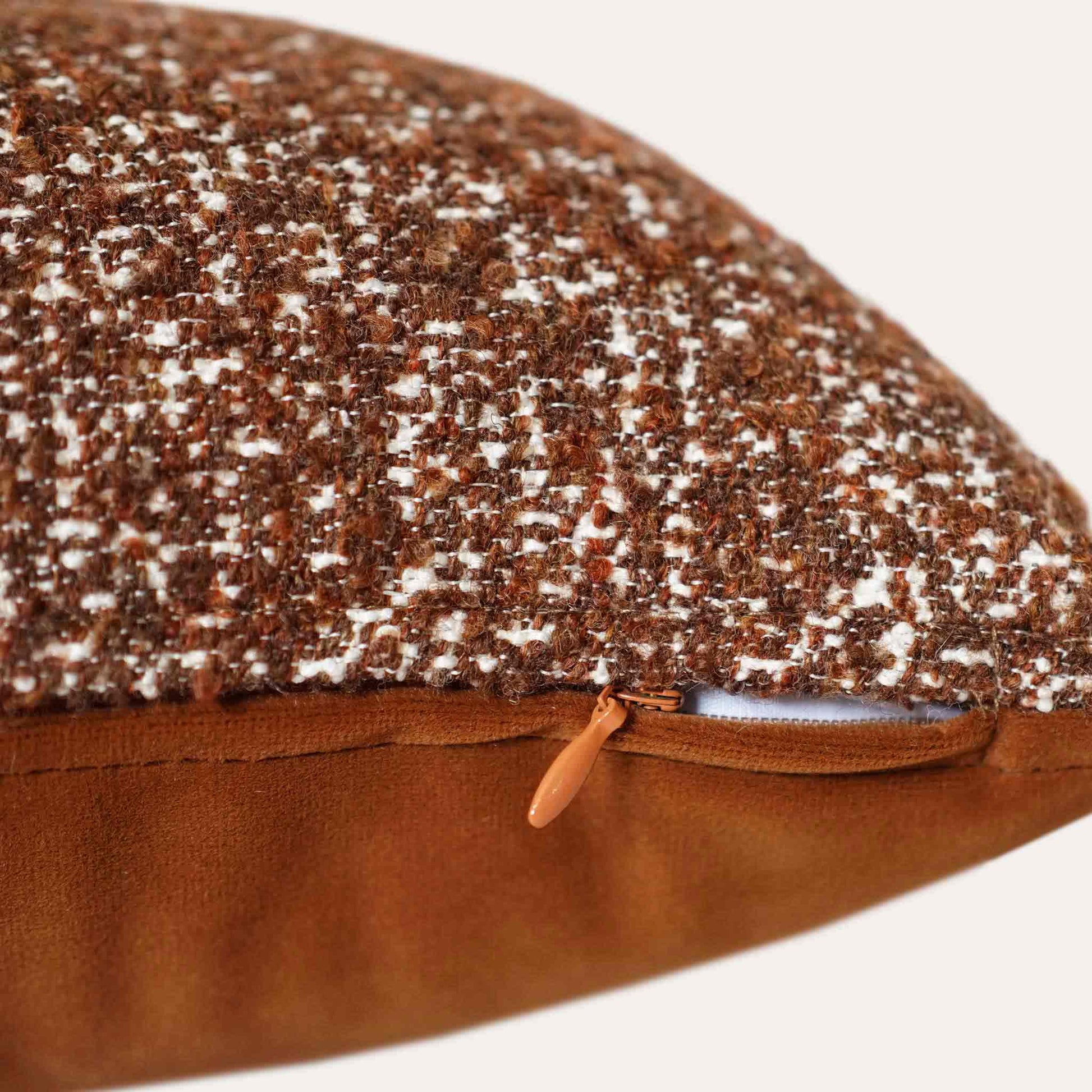 Caramel and white mixed weave linen cotton lumbar cushion cover with invisible zipper.