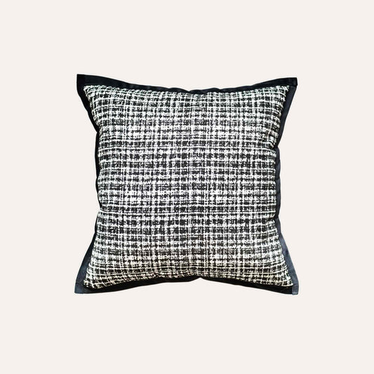 Classic black and white weave textured checkered tweed chenille decor cushion cover.