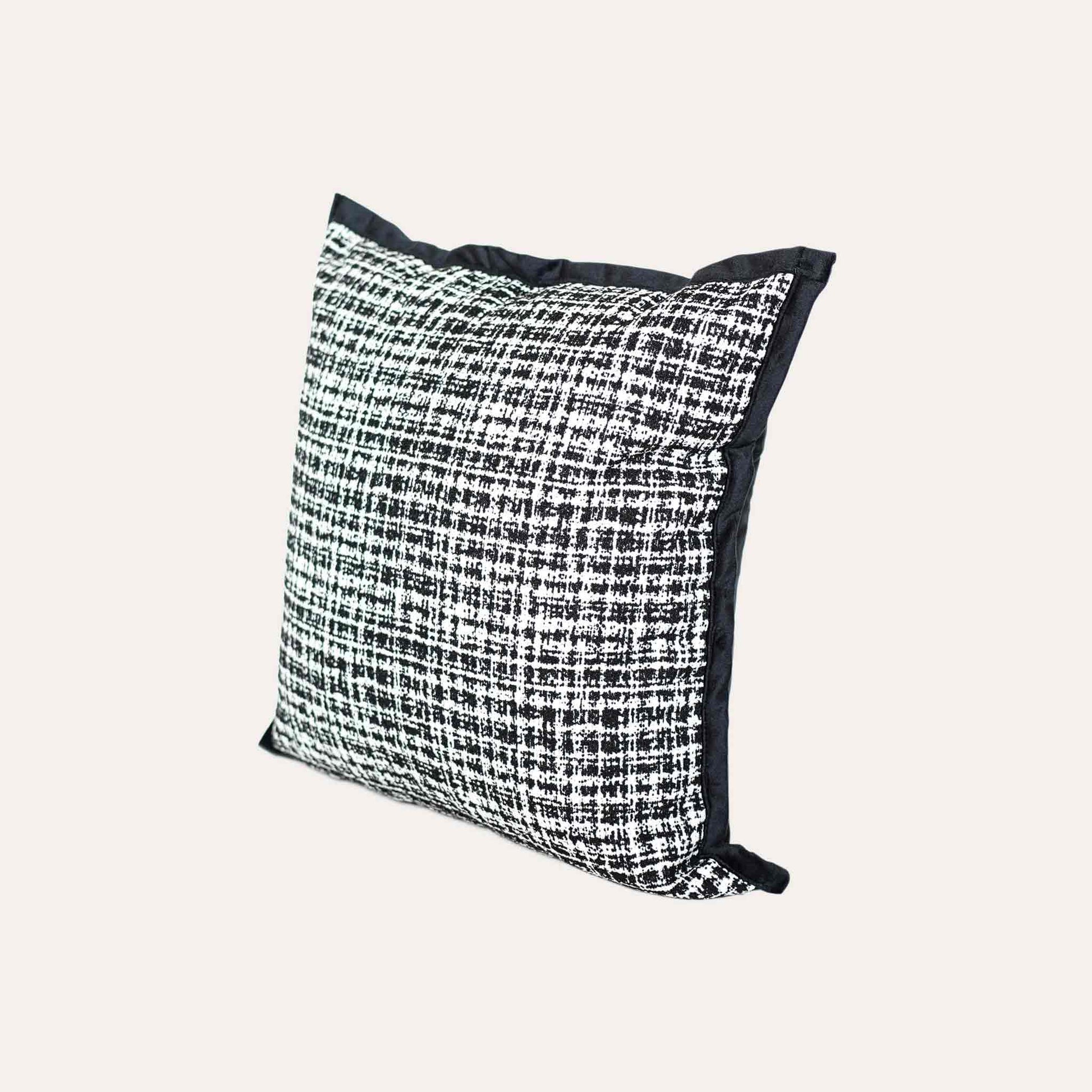 Classic black and white weave textured checkered tweed chenille decor cushion cover.