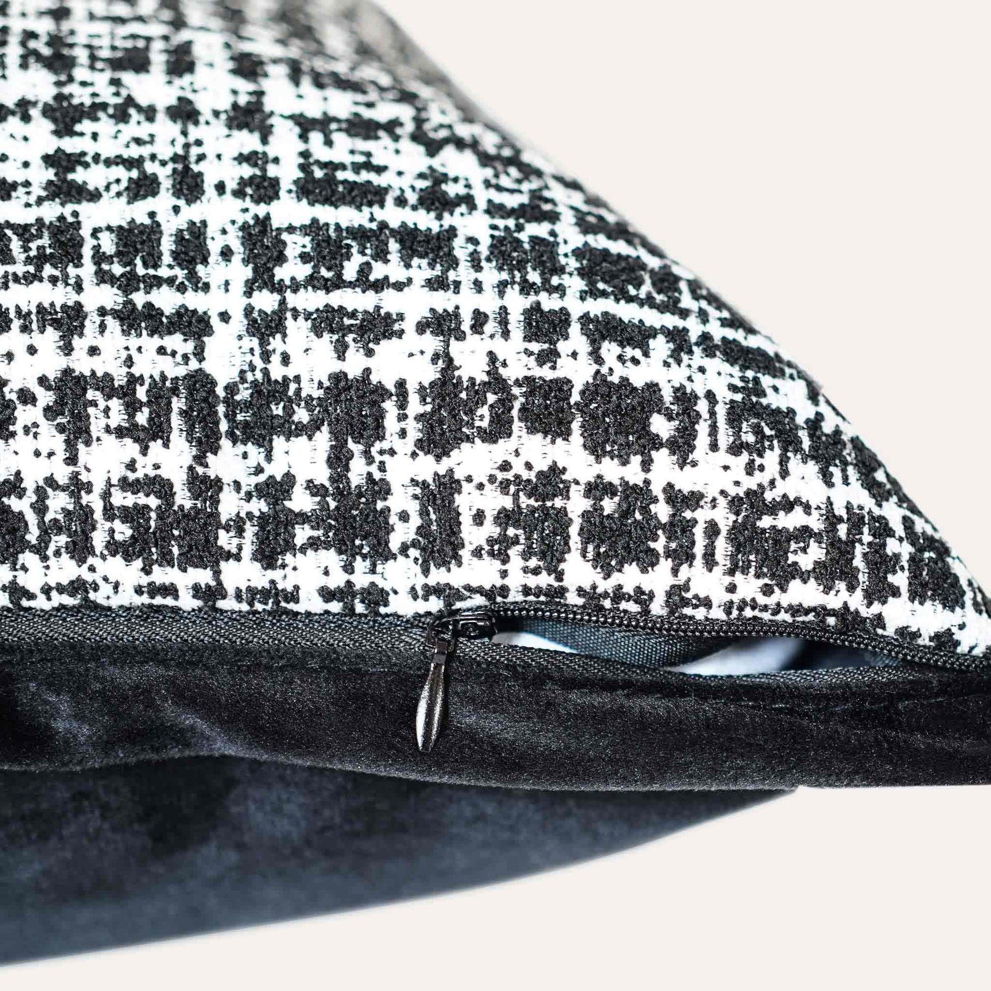 Classic black and white weave textured checkered tweed chenille decor cushion cover with invisible zipper.