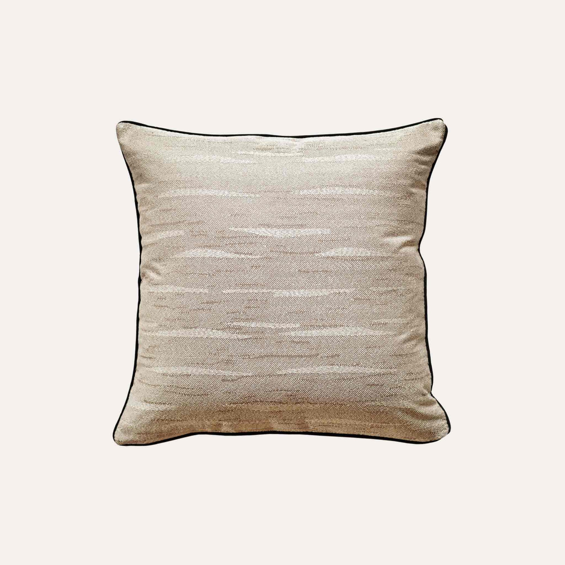 Beige cushion cover with a chic black border, made from cotton linen textured fabric.