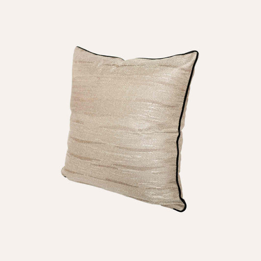 Beige cushion cover with a chic black border, made from cotton linen textured fabric.
