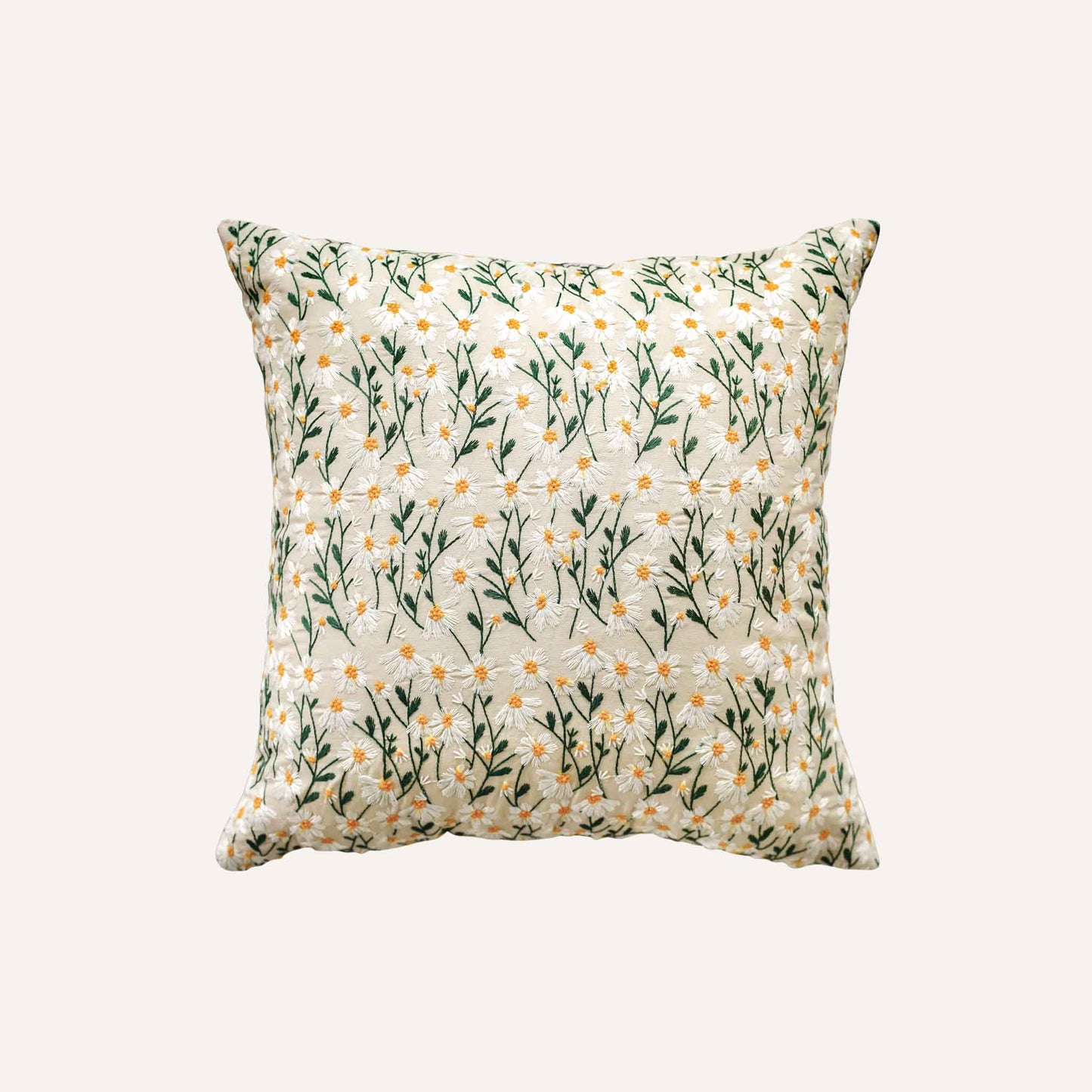 Tiny daisy pattern embroidered beige background cushion.