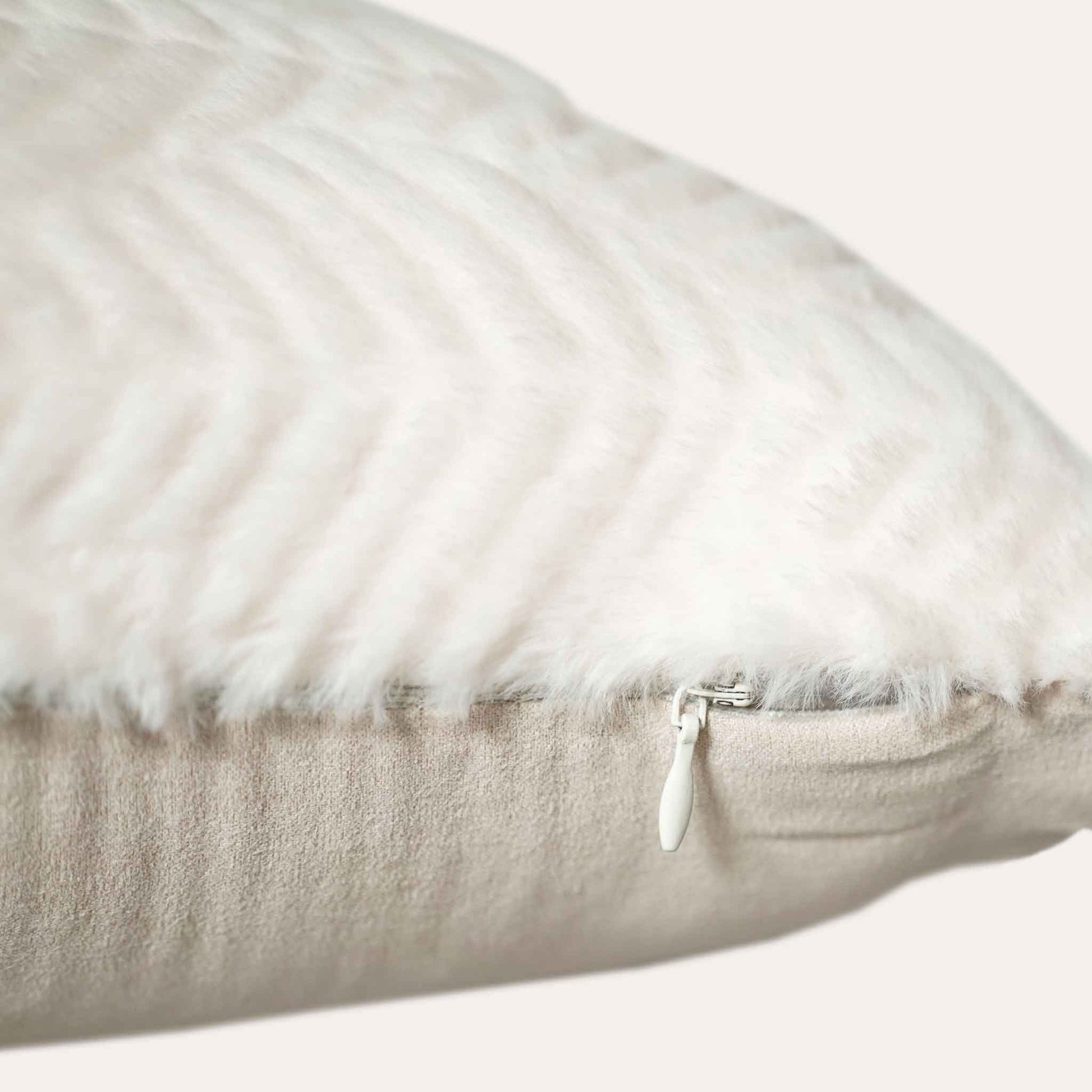 White wave cut faux fur lumbar cushion cover with invisible zipper.