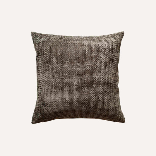 Cushion cover in a rich dark brown hue, expertly made from intricately woven chenille fabric.