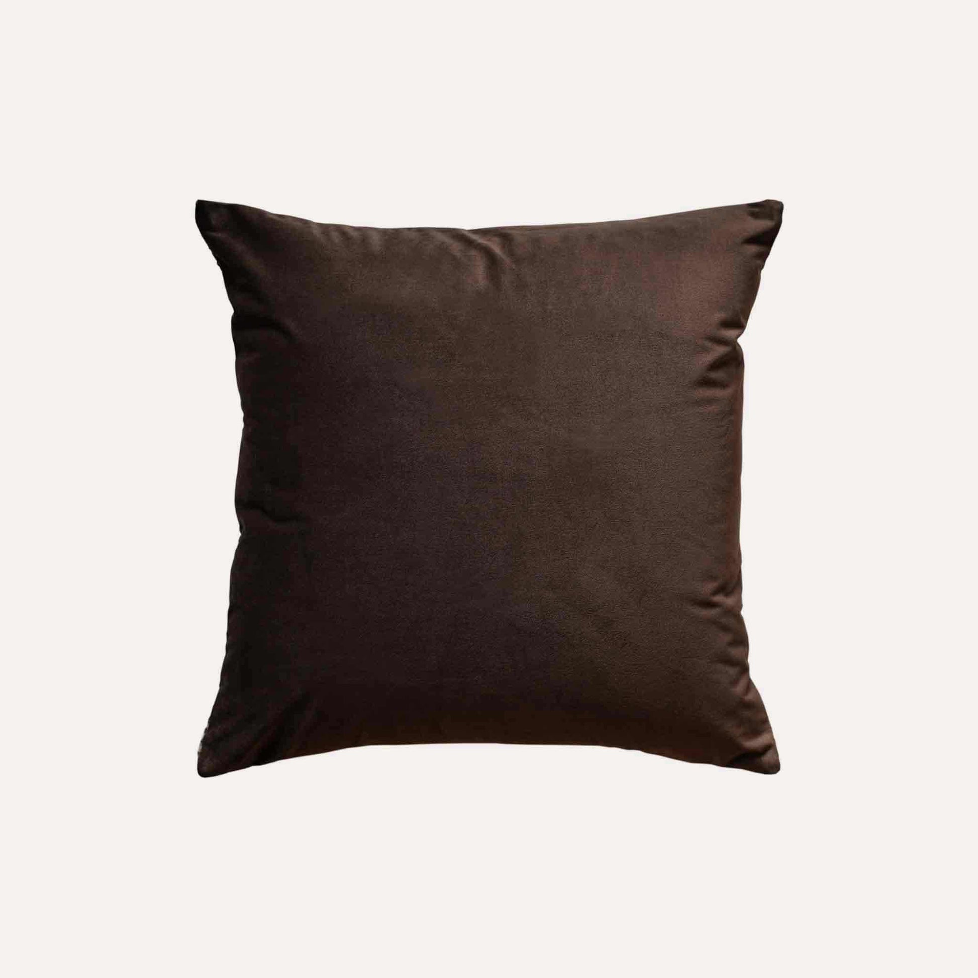 Cushion cover in a rich dark brown hue, expertly made from intricately woven chenille fabric with solid dark brown back.