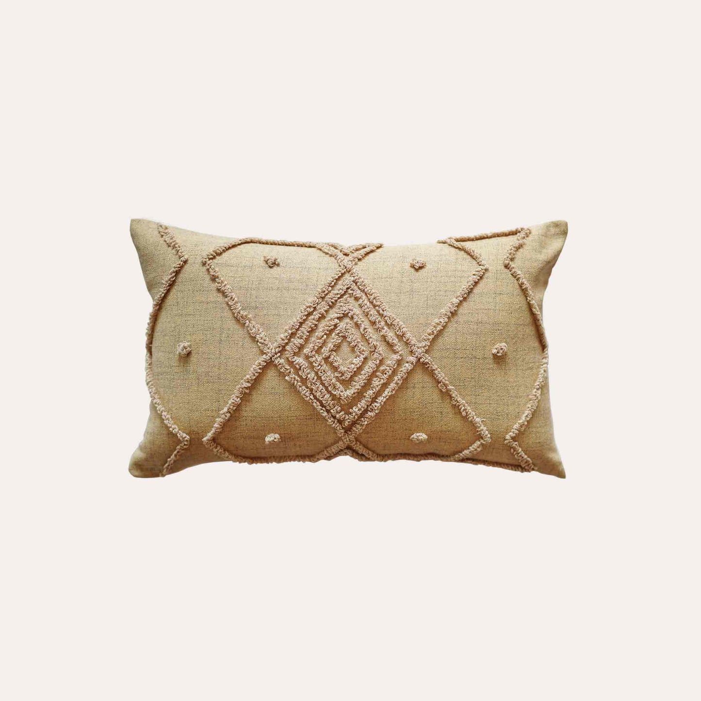 Earth-yellow embroidered diamond pattern cotton cushion cover.