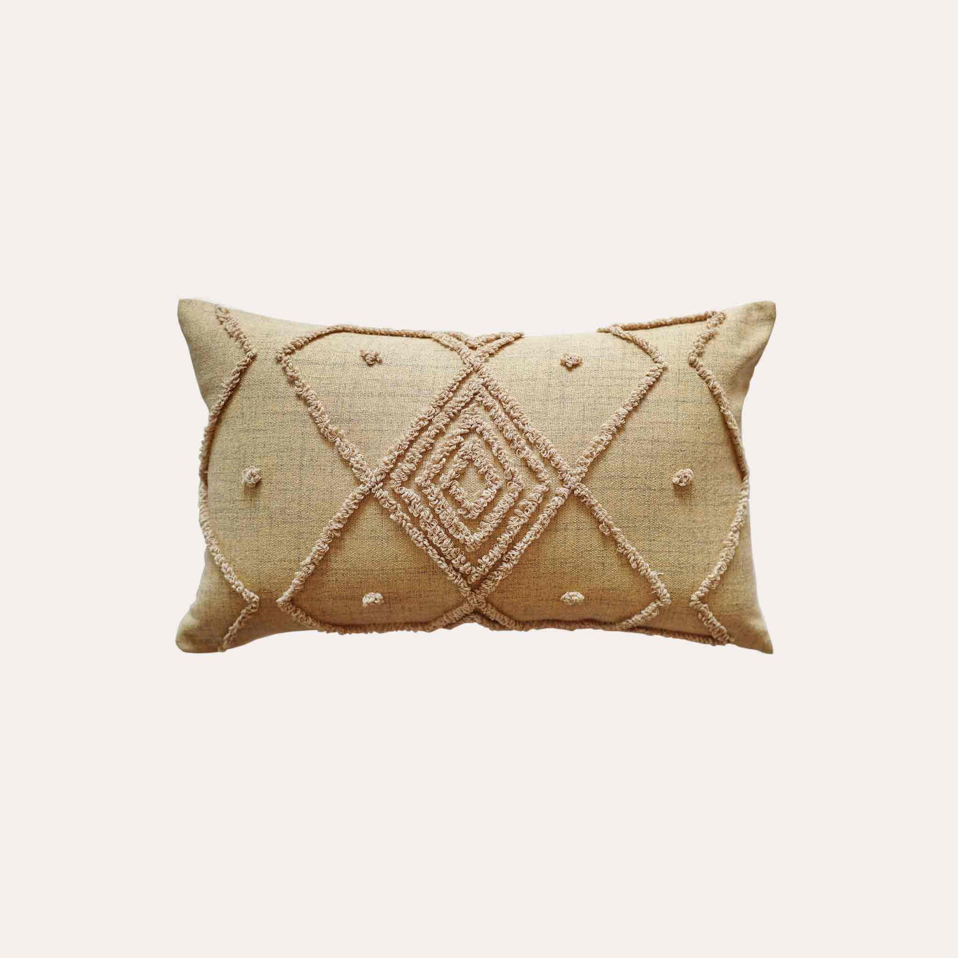 Earth-yellow embroidered diamond pattern cotton cushion cover.